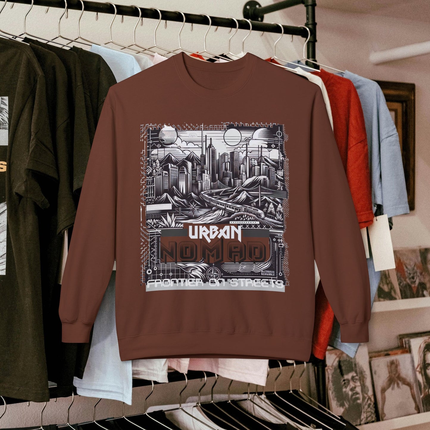 Urban Nomad Fleece Crewneck Sweatshirt_ UWD 0027_ | Cozy Streetwear Style, Perfect for Travel, Gifts, Fall & Winter Layers, Graphic Pullover