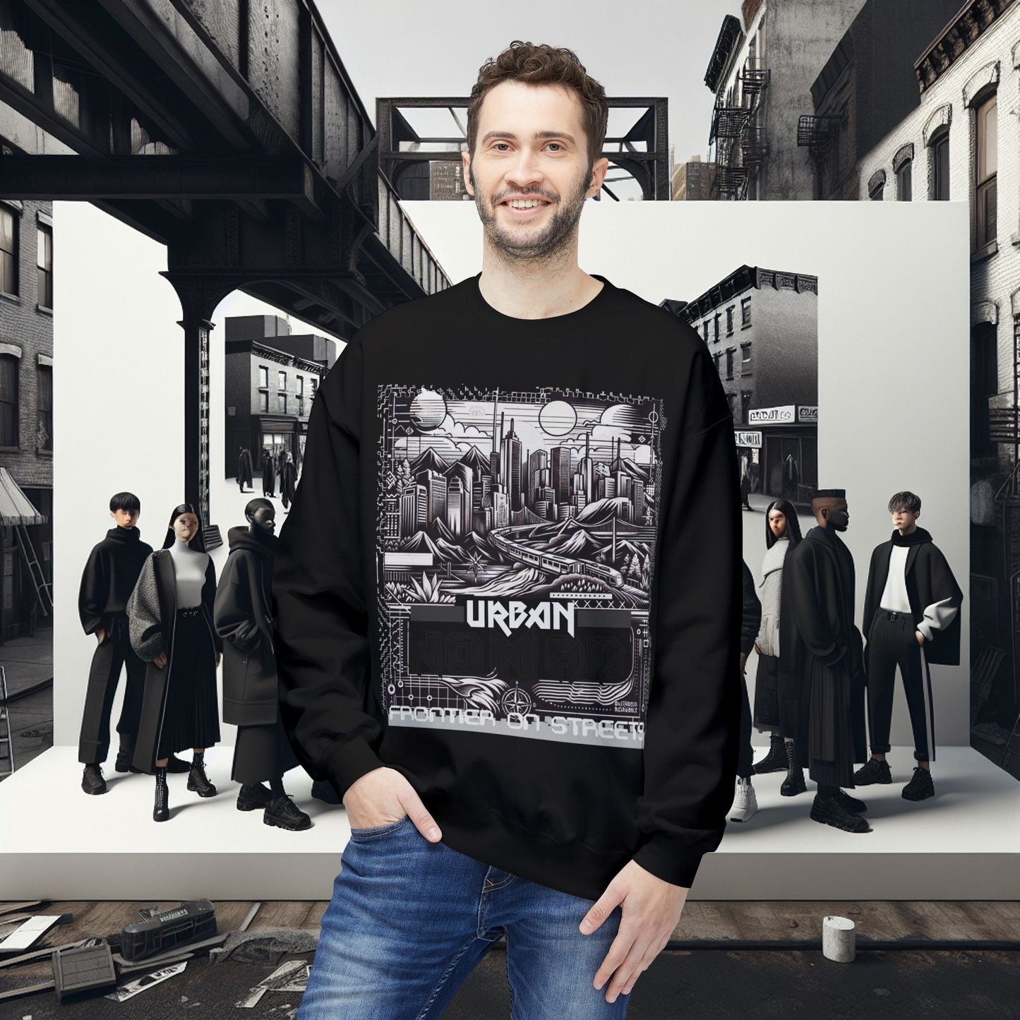 Urban Nomad Fleece Crewneck Sweatshirt_ UWD 0027_ | Cozy Streetwear Style, Perfect for Travel, Gifts, Fall & Winter Layers, Graphic Pullover
