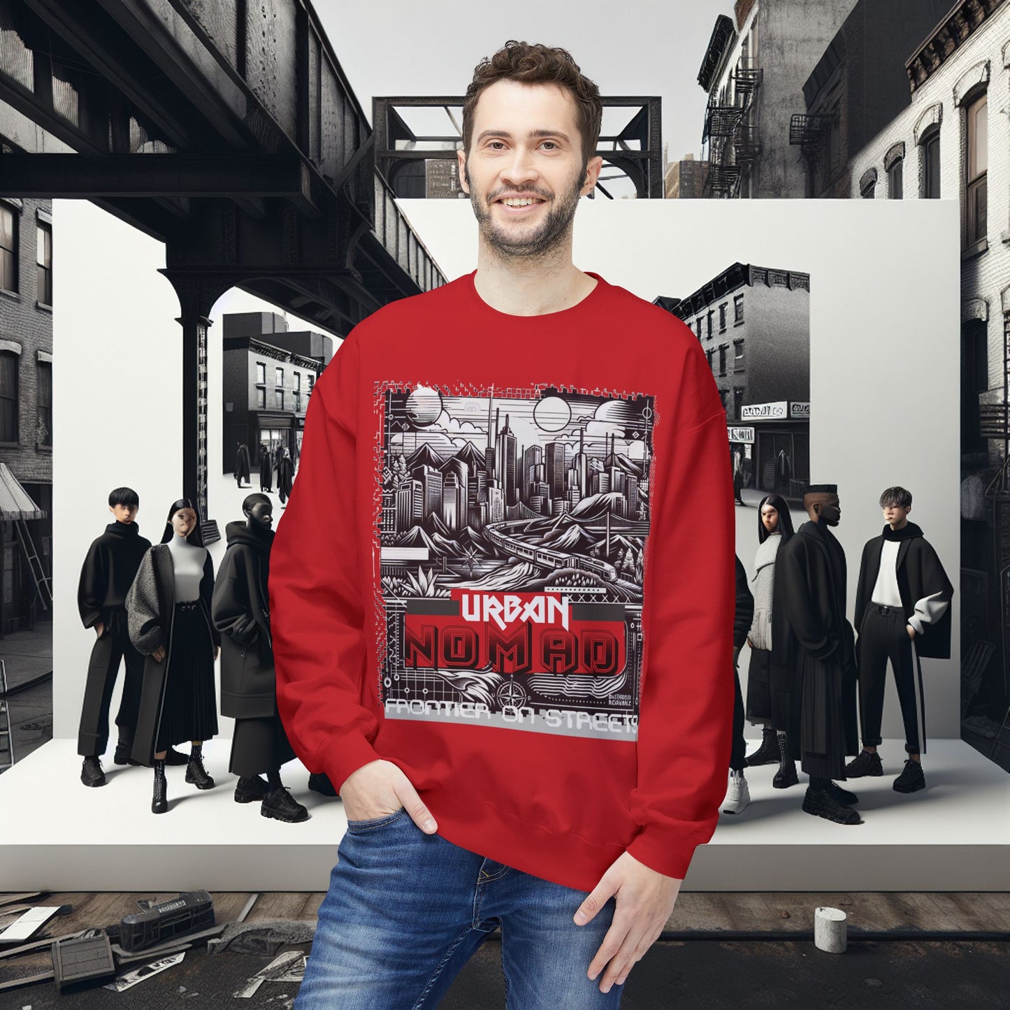 Urban Nomad Fleece Crewneck Sweatshirt_ UWD 0027_ | Cozy Streetwear Style, Perfect for Travel, Gifts, Fall & Winter Layers, Graphic Pullover