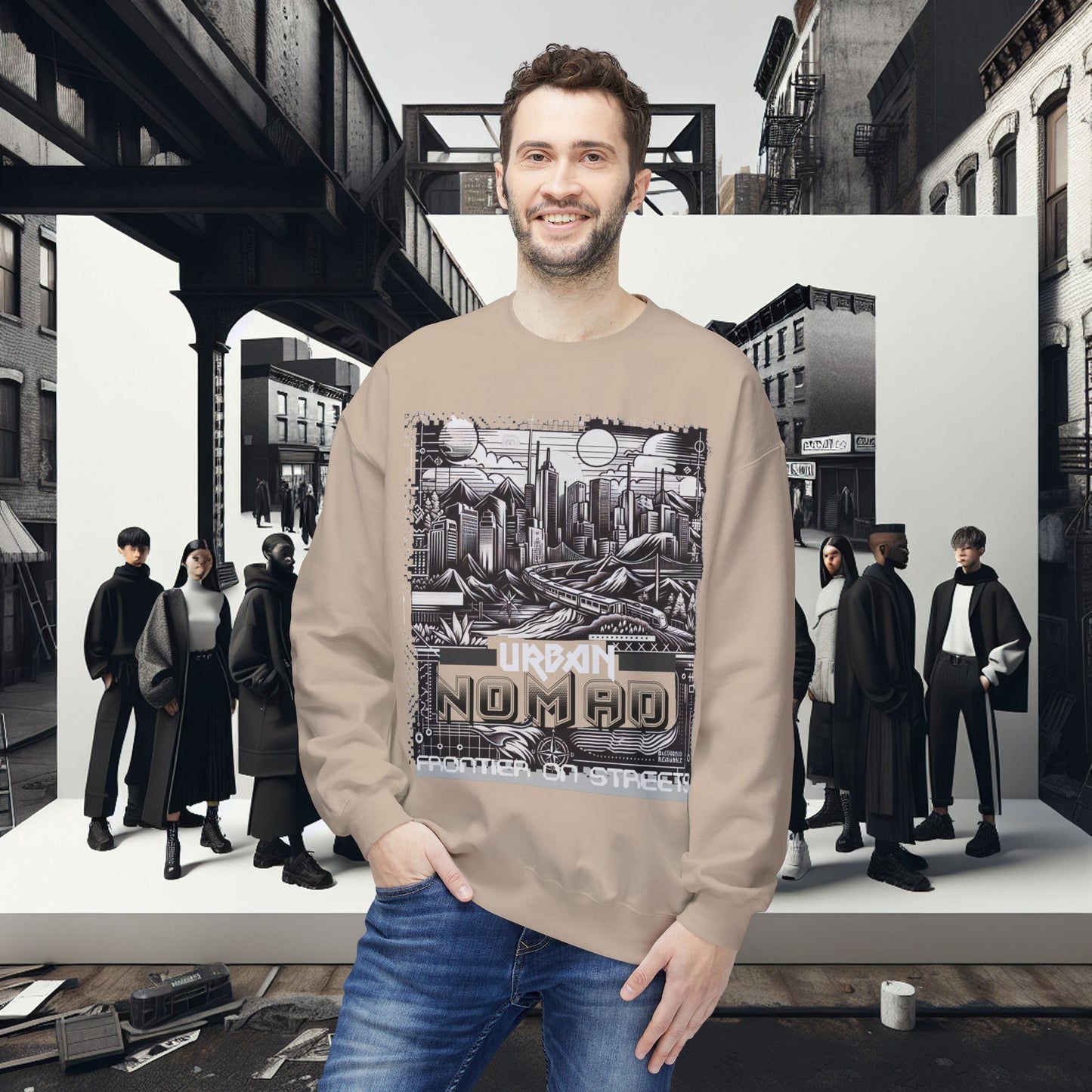 Urban Nomad Fleece Crewneck Sweatshirt_ UWD 0027_ | Cozy Streetwear Style, Perfect for Travel, Gifts, Fall & Winter Layers, Graphic Pullover