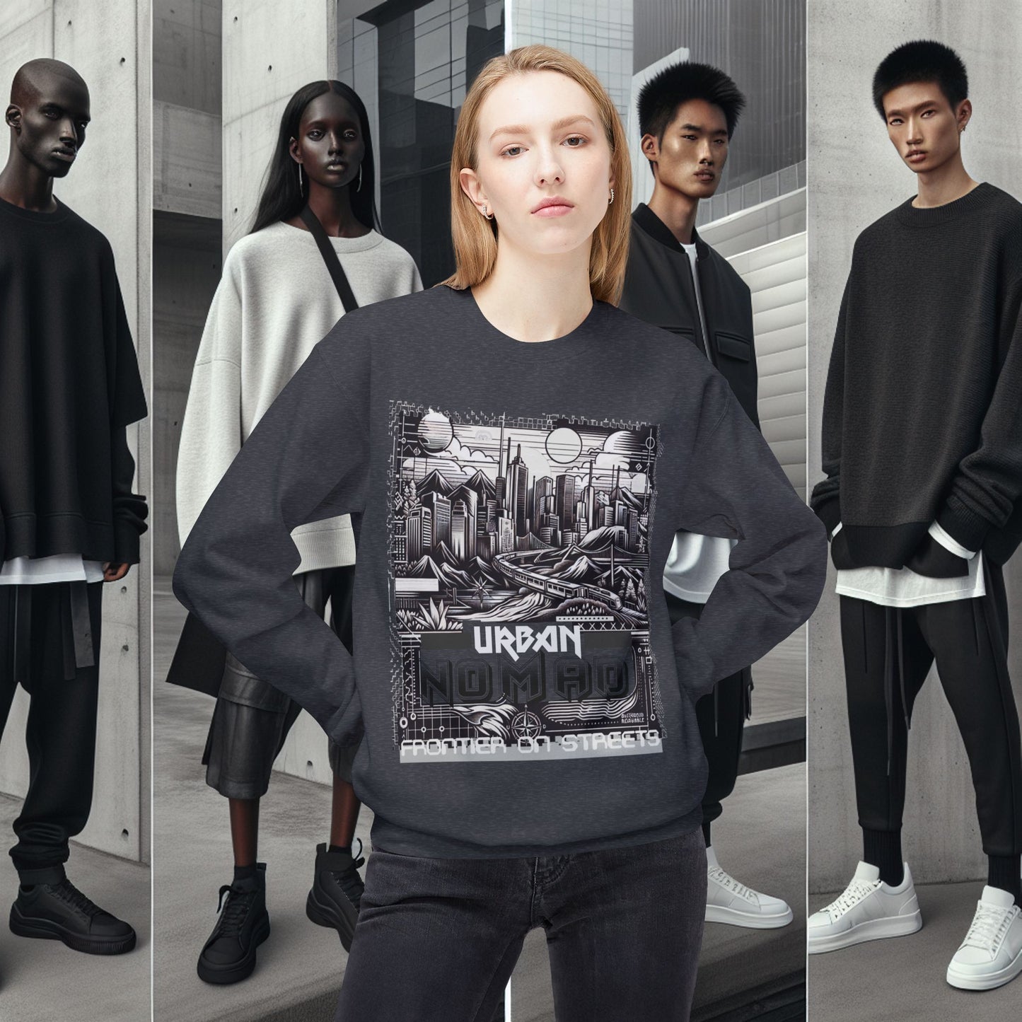 Urban Nomad Fleece Crewneck Sweatshirt_ UWD 0027_ | Cozy Streetwear Style, Perfect for Travel, Gifts, Fall & Winter Layers, Graphic Pullover