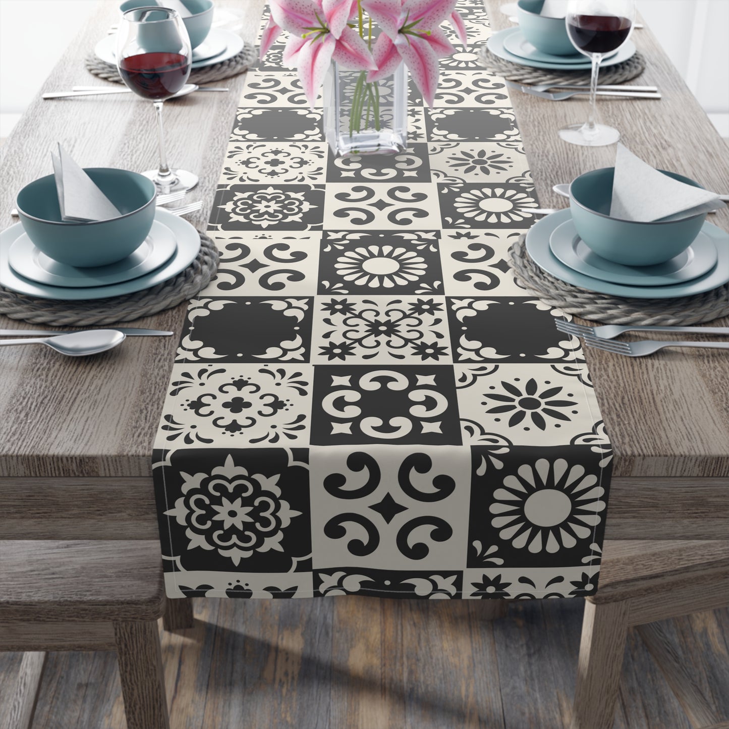 Table Runner (Cotton, Poly)_ Elegant Black and White Table Runner_ N7+ Series TRUNNER PT2WW001_ Limited Edition by WesternWaves: