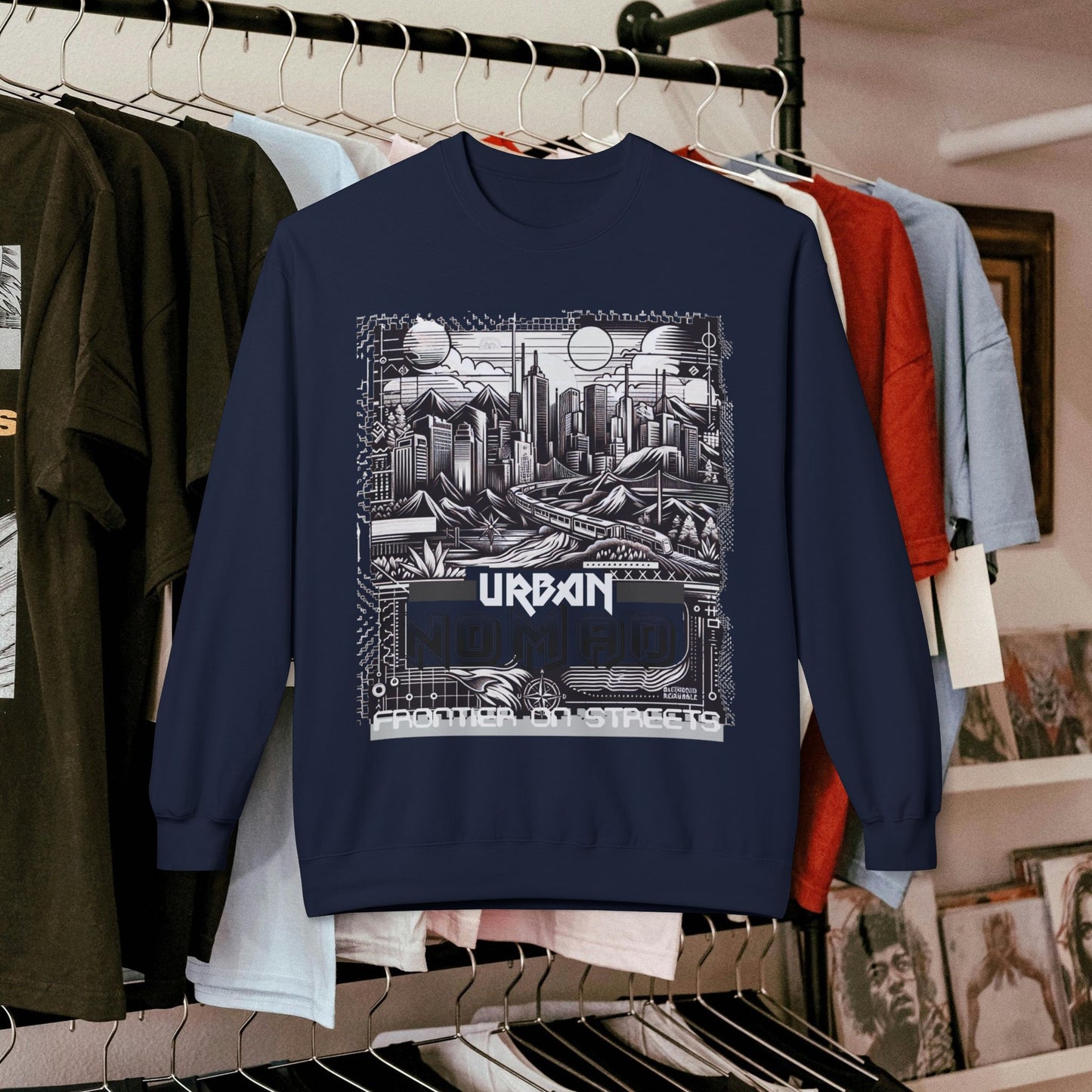 Urban Nomad Fleece Crewneck Sweatshirt_ UWD 0027_ | Cozy Streetwear Style, Perfect for Travel, Gifts, Fall & Winter Layers, Graphic Pullover