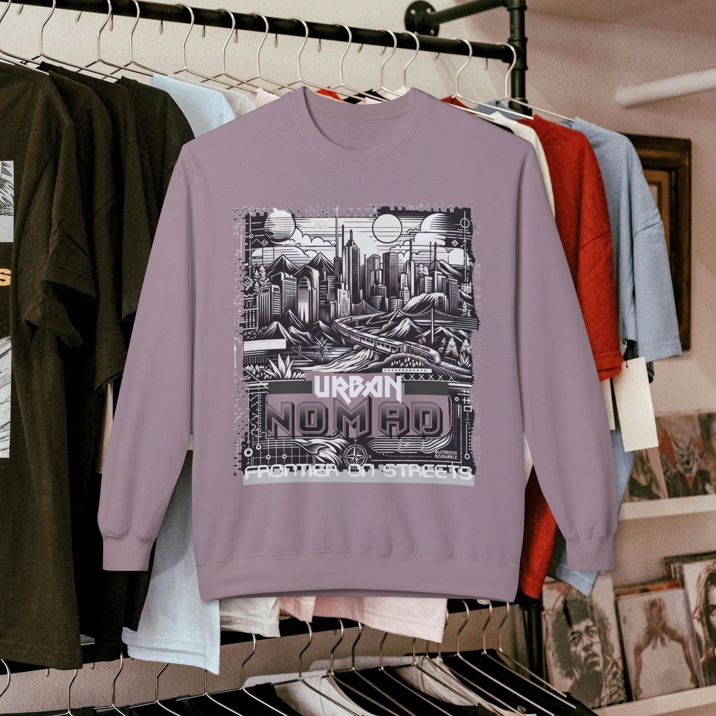 Urban Nomad Fleece Crewneck Sweatshirt_ UWD 0027_ | Cozy Streetwear Style, Perfect for Travel, Gifts, Fall & Winter Layers, Graphic Pullover