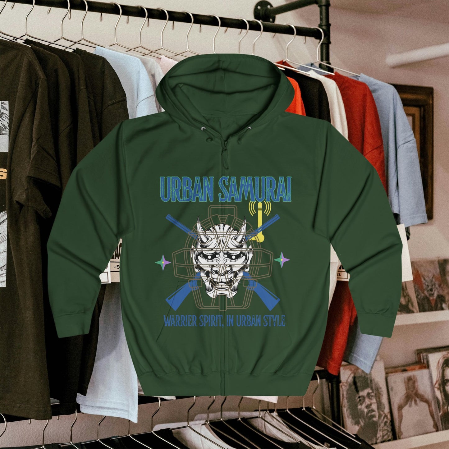 Urban Samurai Unisex Full Zip Hoodie, Graphic Hoodie, Streetwear, Gift for Him/Her, Cool Casual Wear, Comfortable Outfits, Urban Fashion