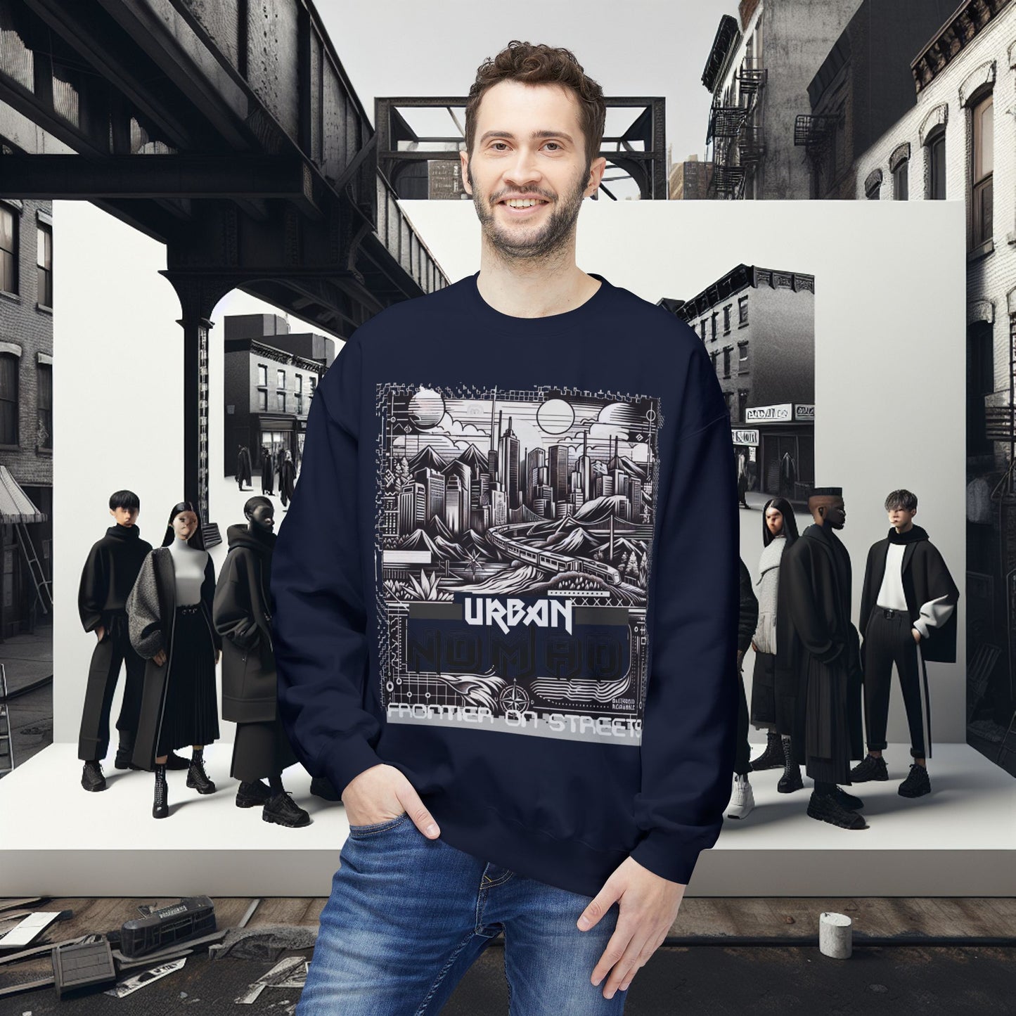 Urban Nomad Fleece Crewneck Sweatshirt_ UWD 0027_ | Cozy Streetwear Style, Perfect for Travel, Gifts, Fall & Winter Layers, Graphic Pullover