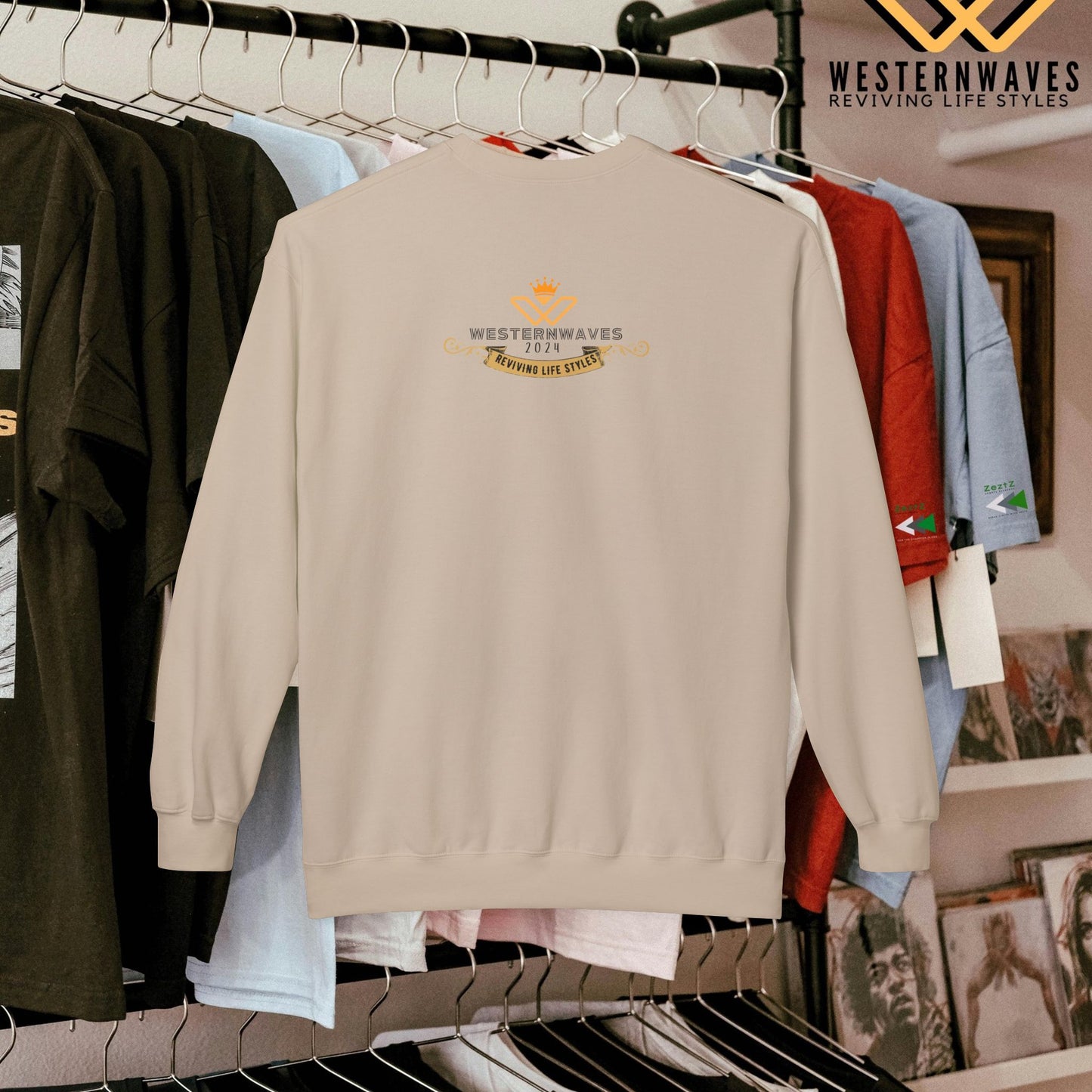 Unisex Midweight Softstyle Fleece Crewneck Sweatshirt_ N3+ Series USMWSSFCNSS PT2WW003_ Limited Edition Stylish Eco-conscious Raw Classic by WesternWaves: