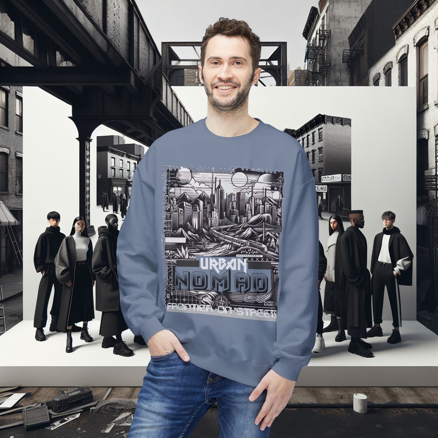 Urban Nomad Fleece Crewneck Sweatshirt_ UWD 0027_ | Cozy Streetwear Style, Perfect for Travel, Gifts, Fall & Winter Layers, Graphic Pullover