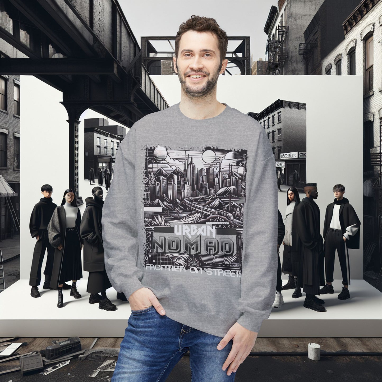 Urban Nomad Fleece Crewneck Sweatshirt_ UWD 0027_ | Cozy Streetwear Style, Perfect for Travel, Gifts, Fall & Winter Layers, Graphic Pullover