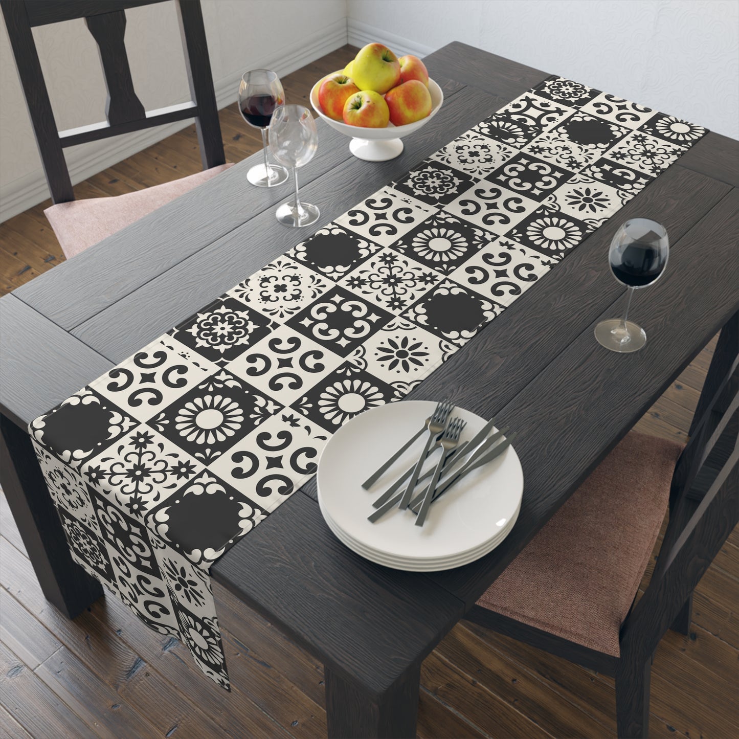 Table Runner (Cotton, Poly)_ Elegant Black and White Table Runner_ N7+ Series TRUNNER PT2WW001_ Limited Edition by WesternWaves: