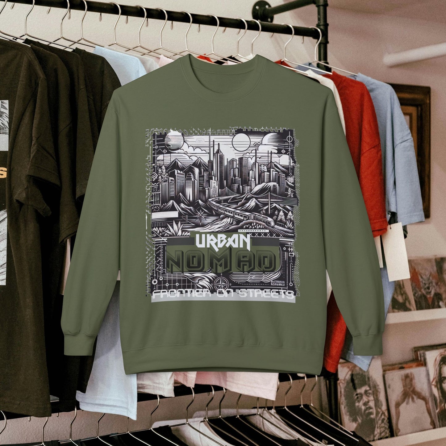 Urban Nomad Fleece Crewneck Sweatshirt_ UWD 0027_ | Cozy Streetwear Style, Perfect for Travel, Gifts, Fall & Winter Layers, Graphic Pullover