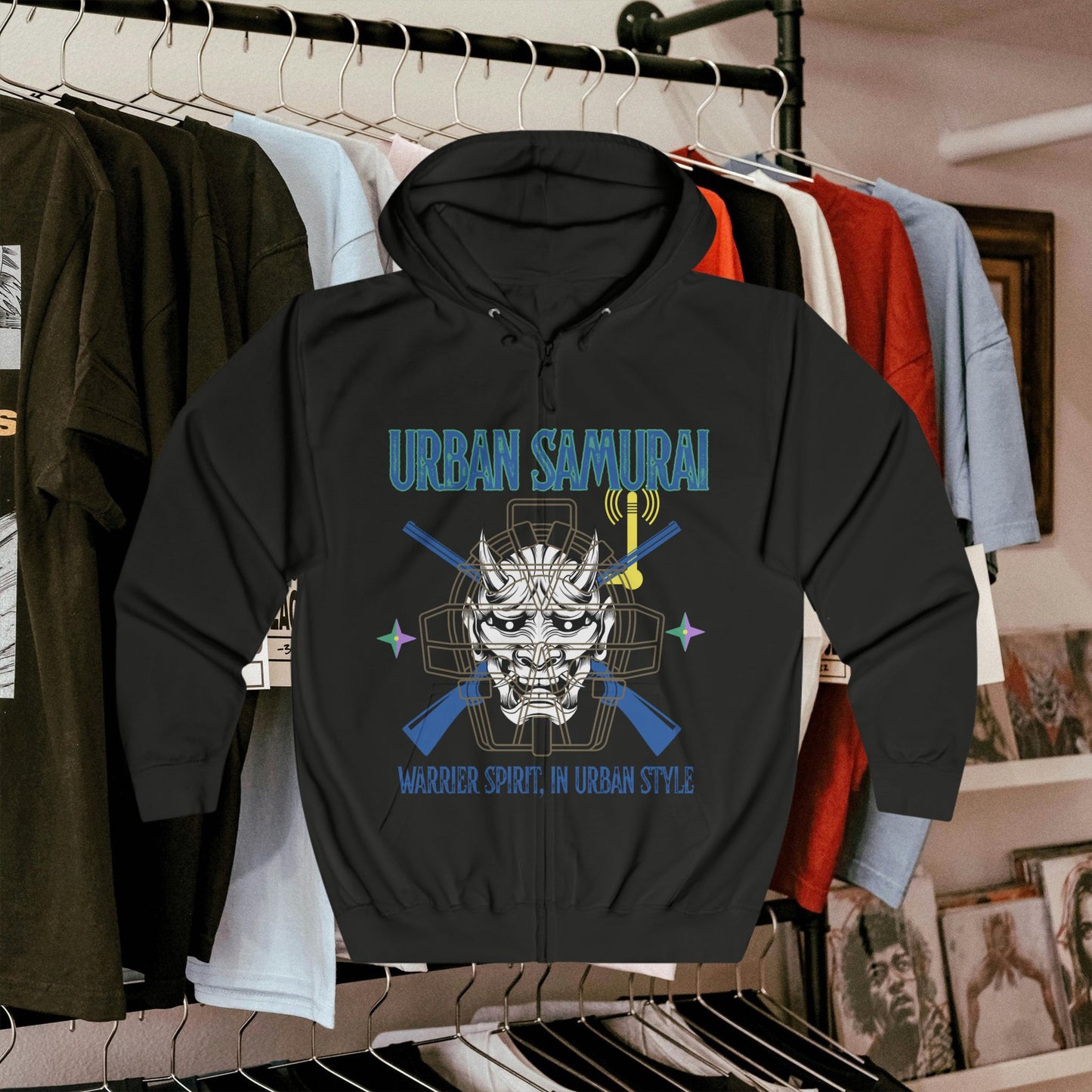 Urban Samurai Unisex Full Zip Hoodie, Graphic Hoodie, Streetwear, Gift for Him/Her, Cool Casual Wear, Comfortable Outfits, Urban Fashion