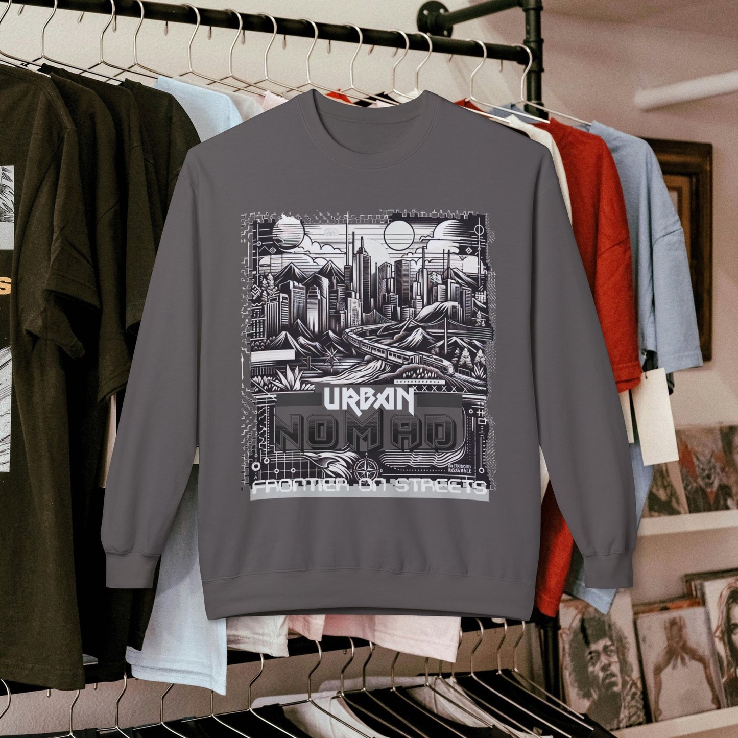 Urban Nomad Fleece Crewneck Sweatshirt_ UWD 0027_ | Cozy Streetwear Style, Perfect for Travel, Gifts, Fall & Winter Layers, Graphic Pullover