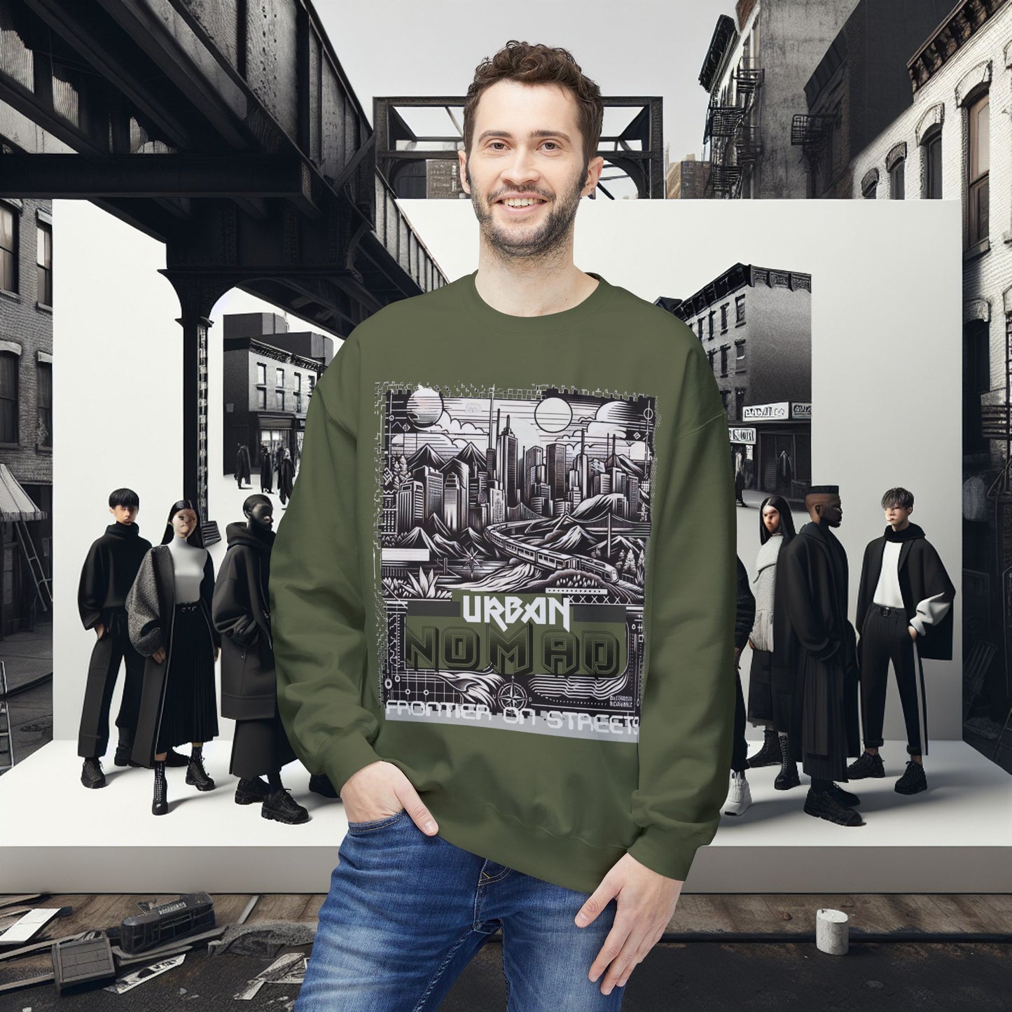 Urban Nomad Fleece Crewneck Sweatshirt_ UWD 0027_ | Cozy Streetwear Style, Perfect for Travel, Gifts, Fall & Winter Layers, Graphic Pullover