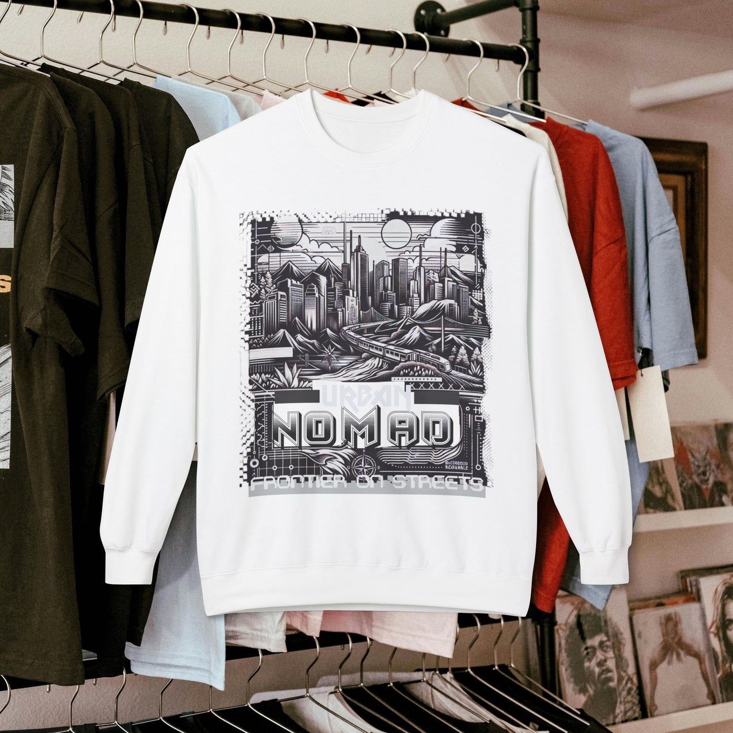 Urban Nomad Fleece Crewneck Sweatshirt_ UWD 0027_ | Cozy Streetwear Style, Perfect for Travel, Gifts, Fall & Winter Layers, Graphic Pullover