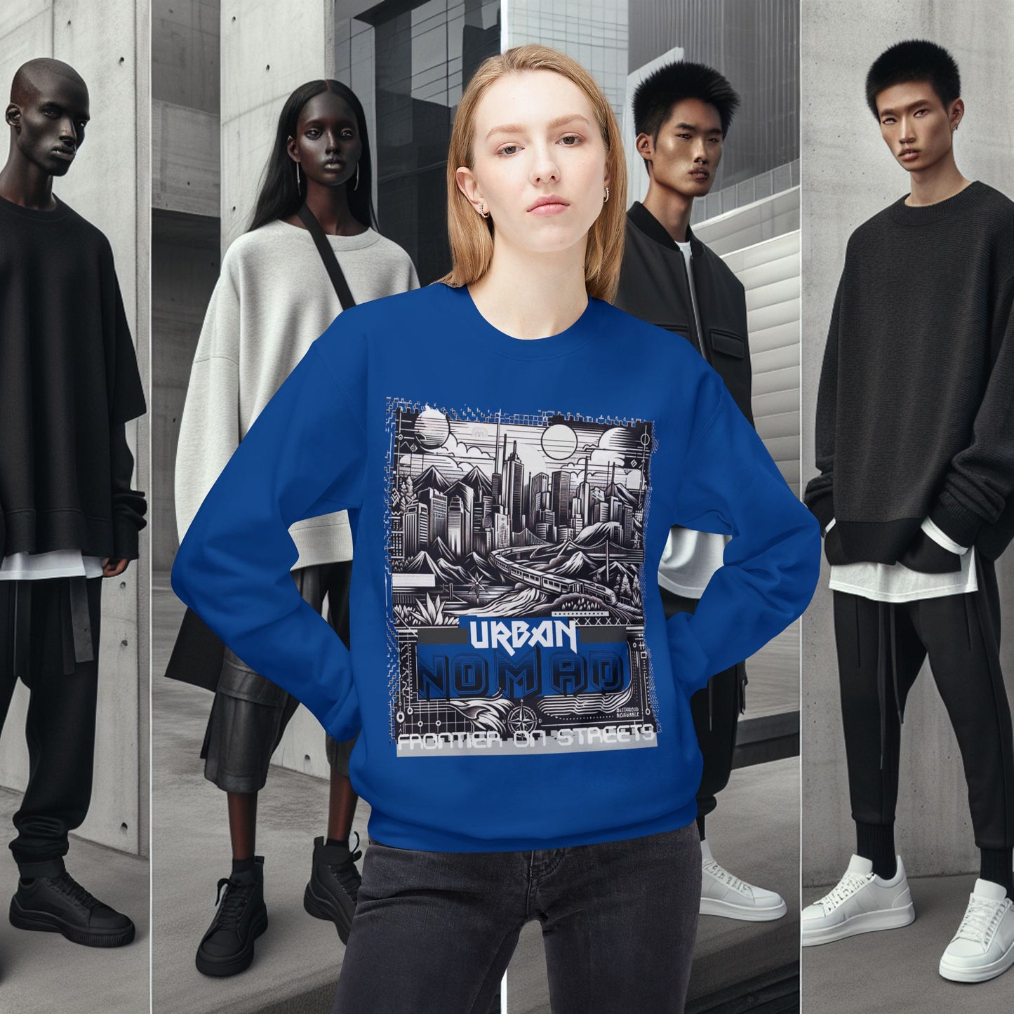 Urban Nomad Fleece Crewneck Sweatshirt_ UWD 0027_ | Cozy Streetwear Style, Perfect for Travel, Gifts, Fall & Winter Layers, Graphic Pullover