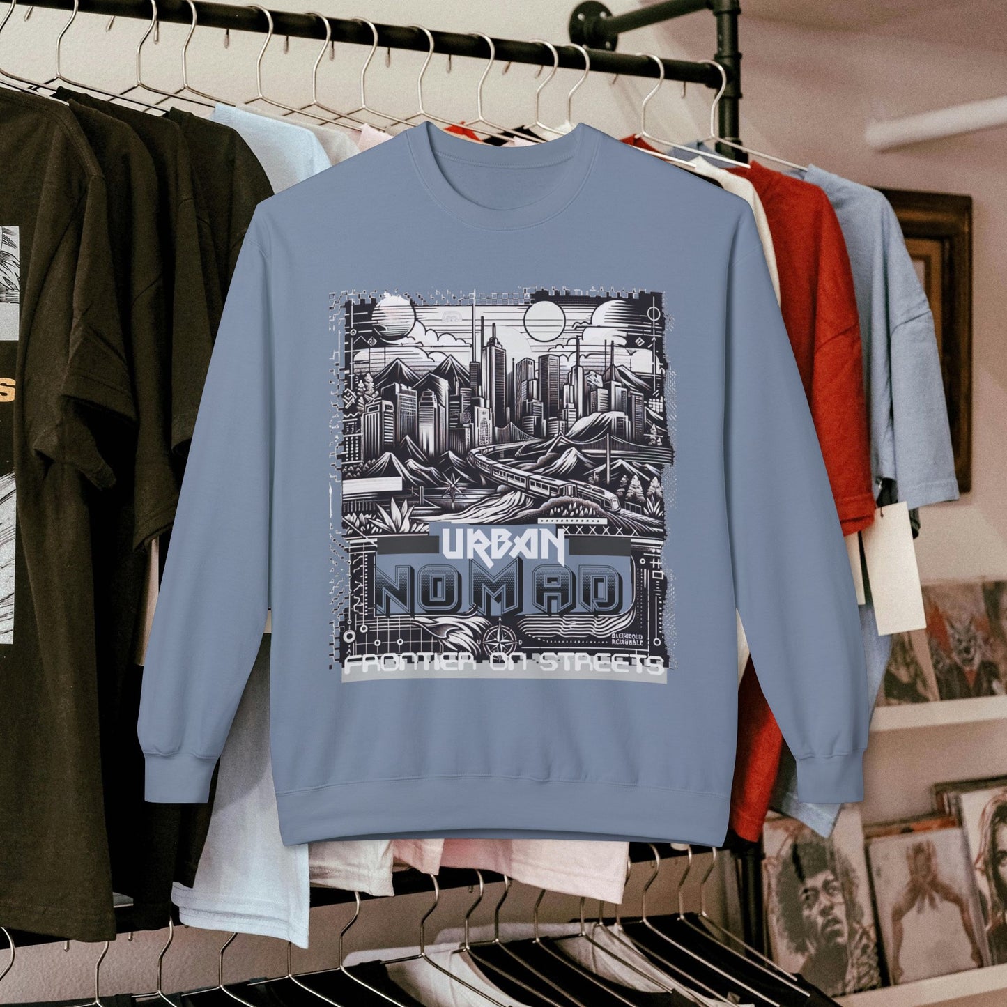 Urban Nomad Fleece Crewneck Sweatshirt_ UWD 0027_ | Cozy Streetwear Style, Perfect for Travel, Gifts, Fall & Winter Layers, Graphic Pullover