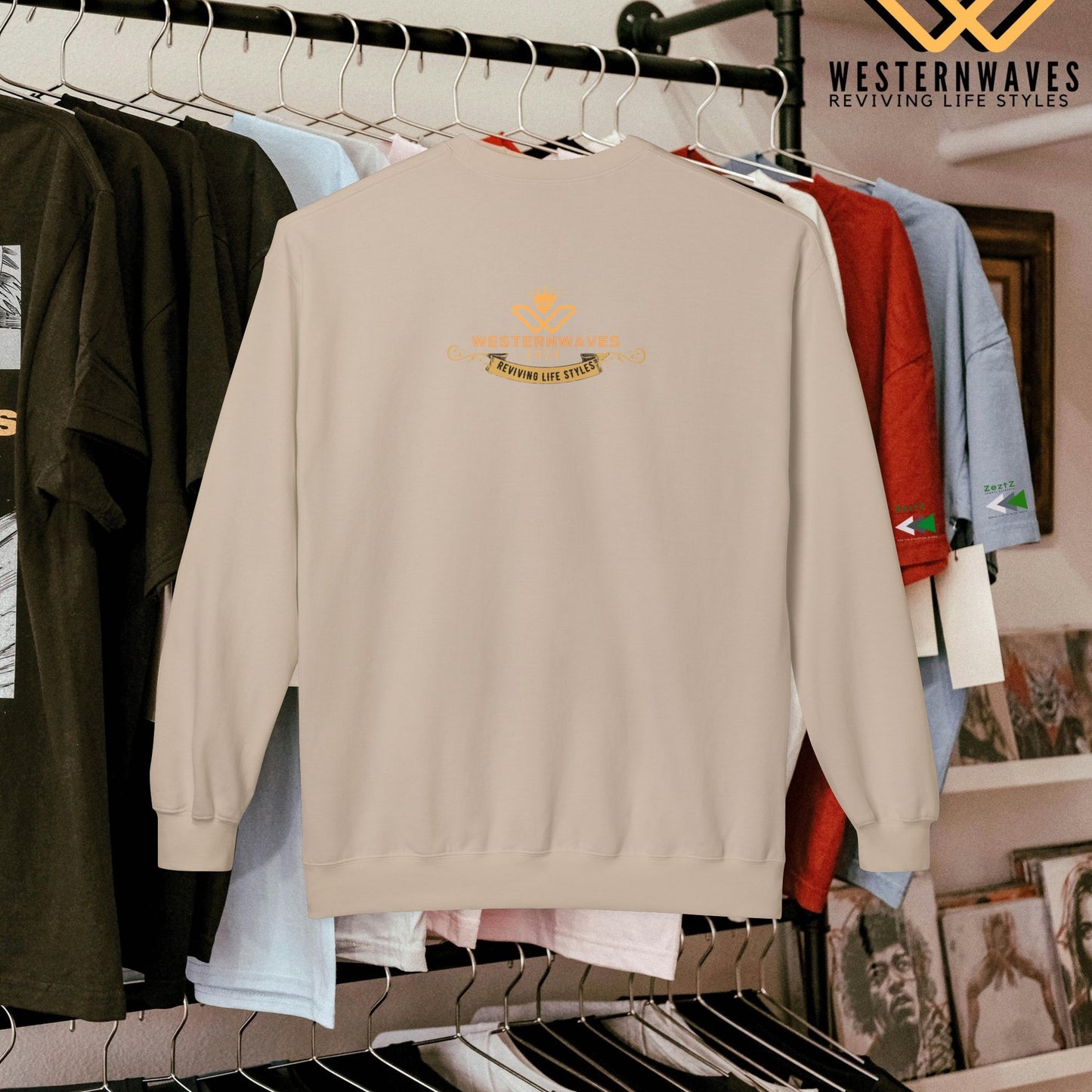 Unisex Midweight Softstyle Fleece Crewneck Sweatshirt_ N3+ Series USMWSSFCNSS PT2WW007_ Limited Edition Stylish Eco-conscious Raw Classic by WesternWaves: