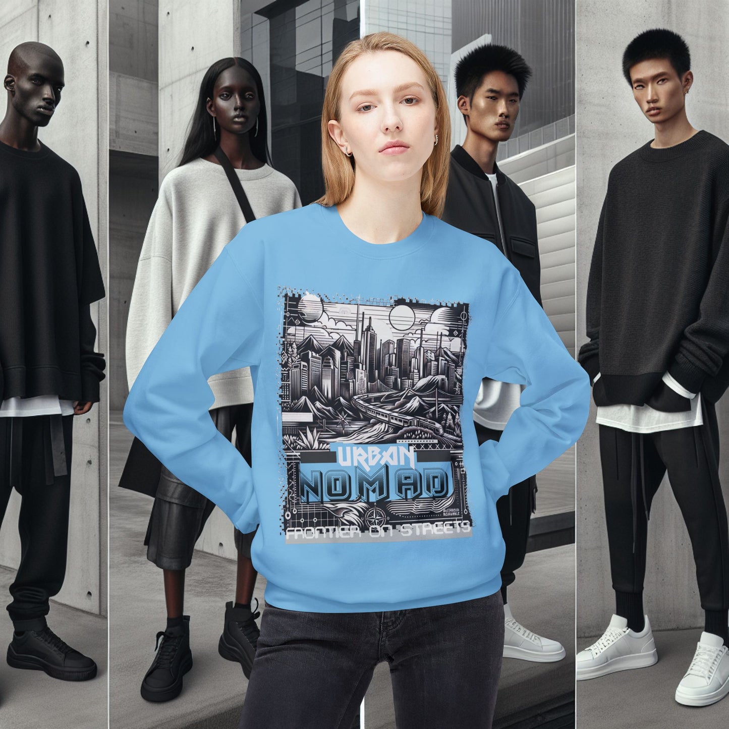 Urban Nomad Fleece Crewneck Sweatshirt_ UWD 0027_ | Cozy Streetwear Style, Perfect for Travel, Gifts, Fall & Winter Layers, Graphic Pullover