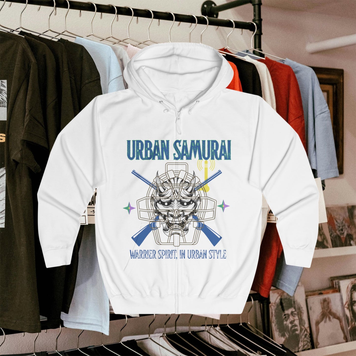 Urban Samurai Unisex Full Zip Hoodie, Graphic Hoodie, Streetwear, Gift for Him/Her, Cool Casual Wear, Comfortable Outfits, Urban Fashion