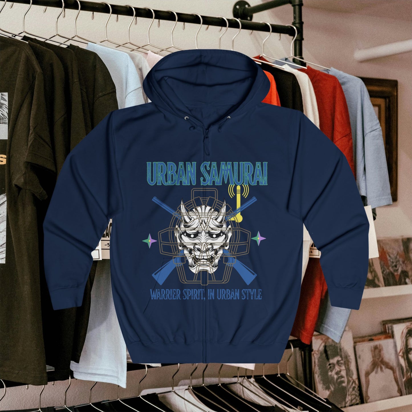 Urban Samurai Unisex Full Zip Hoodie, Graphic Hoodie, Streetwear, Gift for Him/Her, Cool Casual Wear, Comfortable Outfits, Urban Fashion