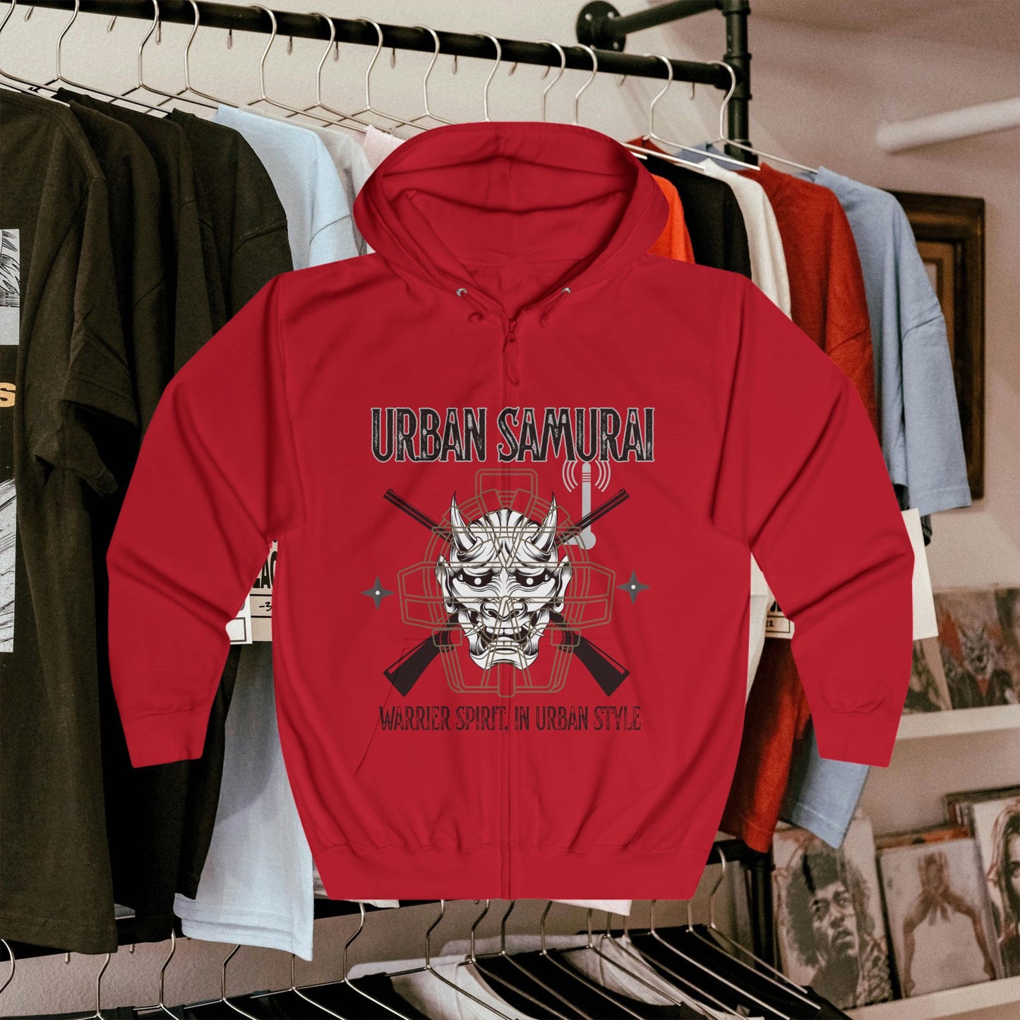 Urban Samurai Unisex Full Zip Hoodie, Graphic Hoodie, Streetwear, Gift for Him/Her, Cool Casual Wear, Comfortable Outfits, Urban Fashion