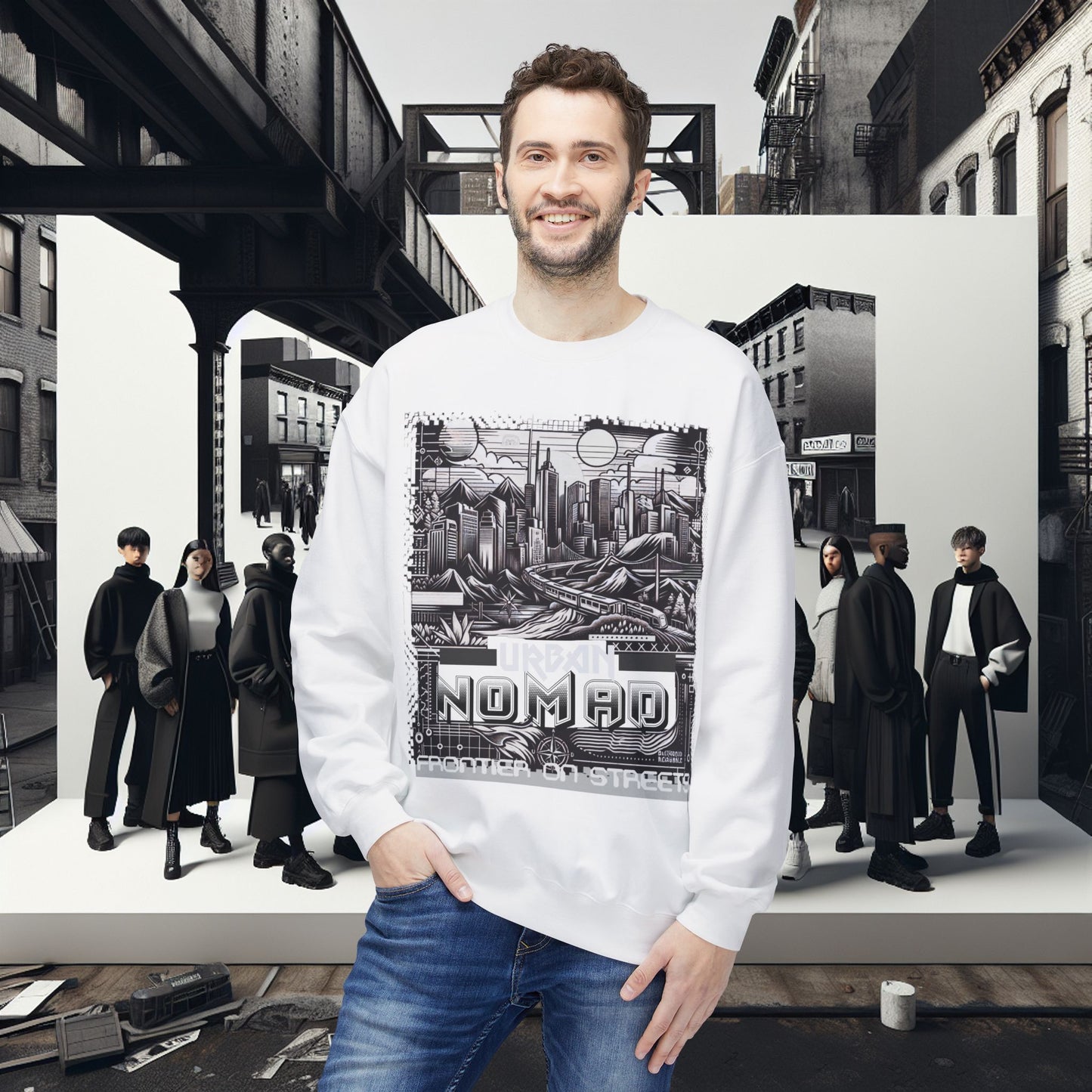 Urban Nomad Fleece Crewneck Sweatshirt_ UWD 0027_ | Cozy Streetwear Style, Perfect for Travel, Gifts, Fall & Winter Layers, Graphic Pullover