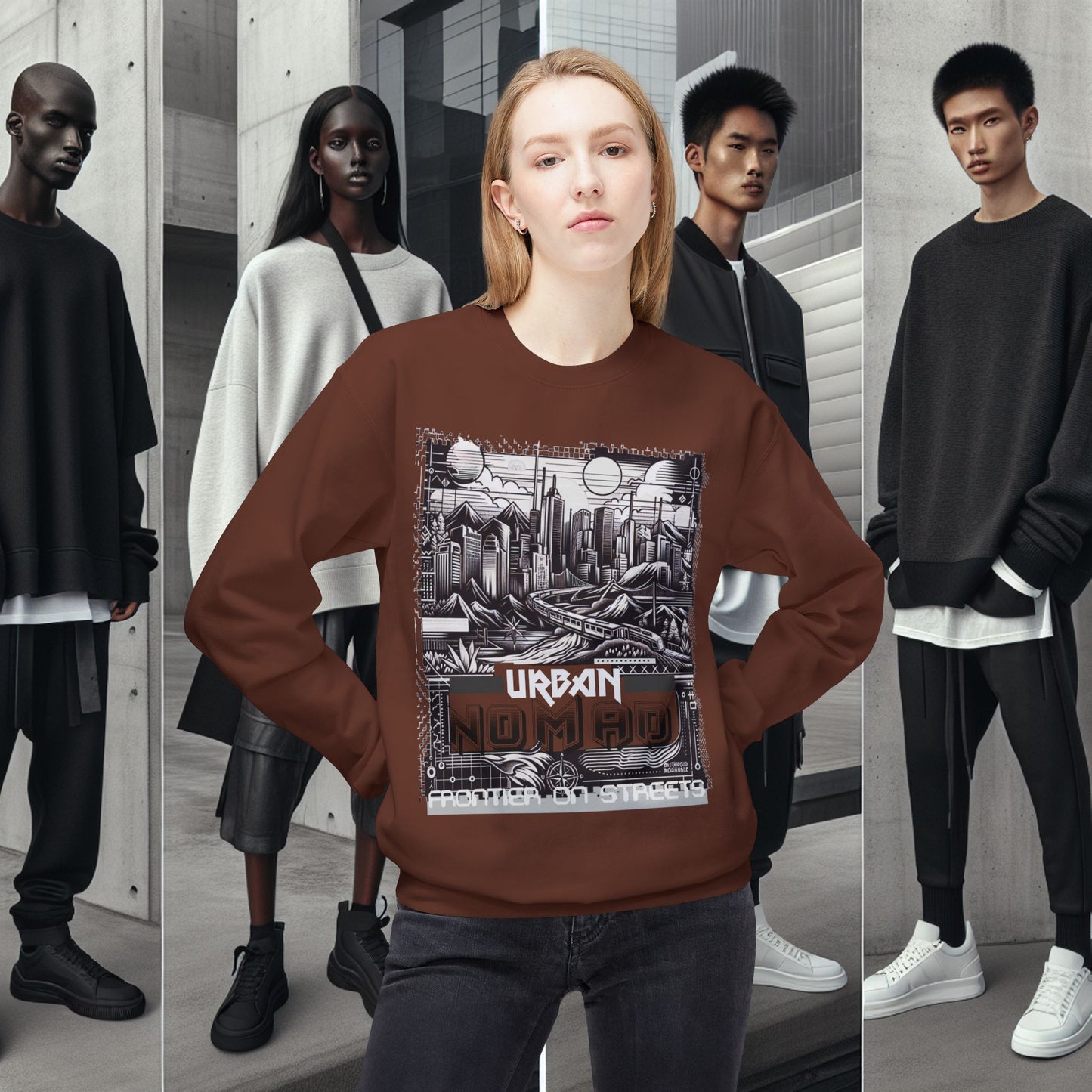 Urban Nomad Fleece Crewneck Sweatshirt_ UWD 0027_ | Cozy Streetwear Style, Perfect for Travel, Gifts, Fall & Winter Layers, Graphic Pullover