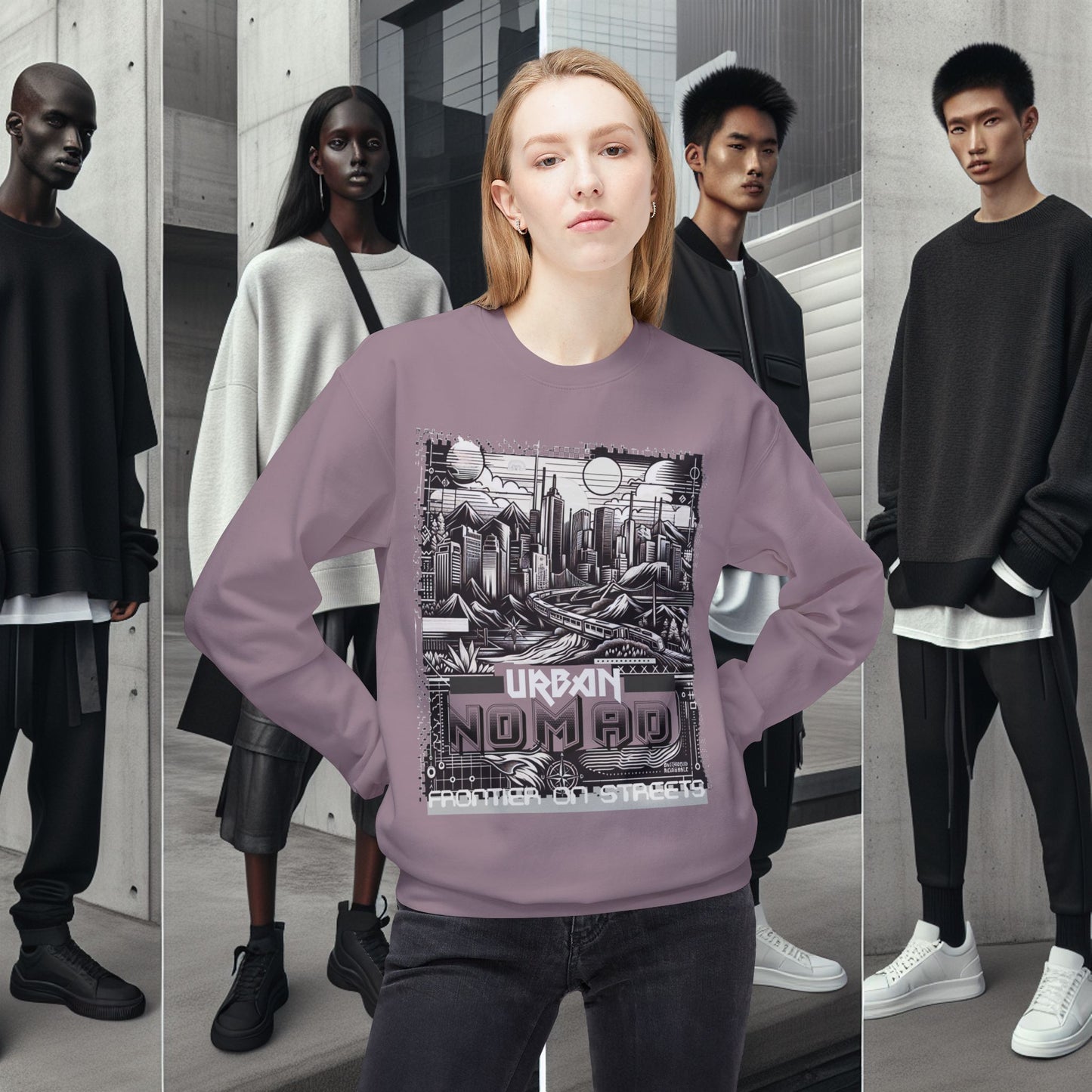 Urban Nomad Fleece Crewneck Sweatshirt_ UWD 0027_ | Cozy Streetwear Style, Perfect for Travel, Gifts, Fall & Winter Layers, Graphic Pullover