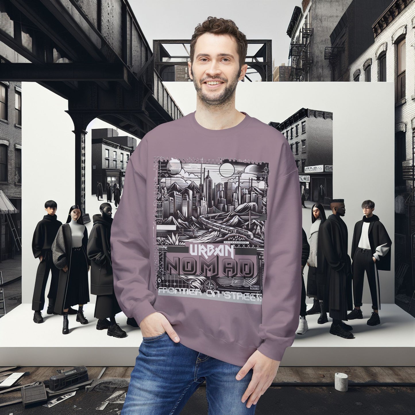 Urban Nomad Fleece Crewneck Sweatshirt_ UWD 0027_ | Cozy Streetwear Style, Perfect for Travel, Gifts, Fall & Winter Layers, Graphic Pullover