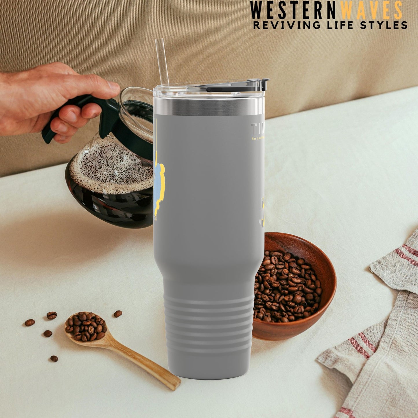 Adventure Insulated Travel Mug_ 40oz with Time & Freedom Design_ N7+ Series AITMUG PT2WW001_ Limited Edition by WesternWaves: