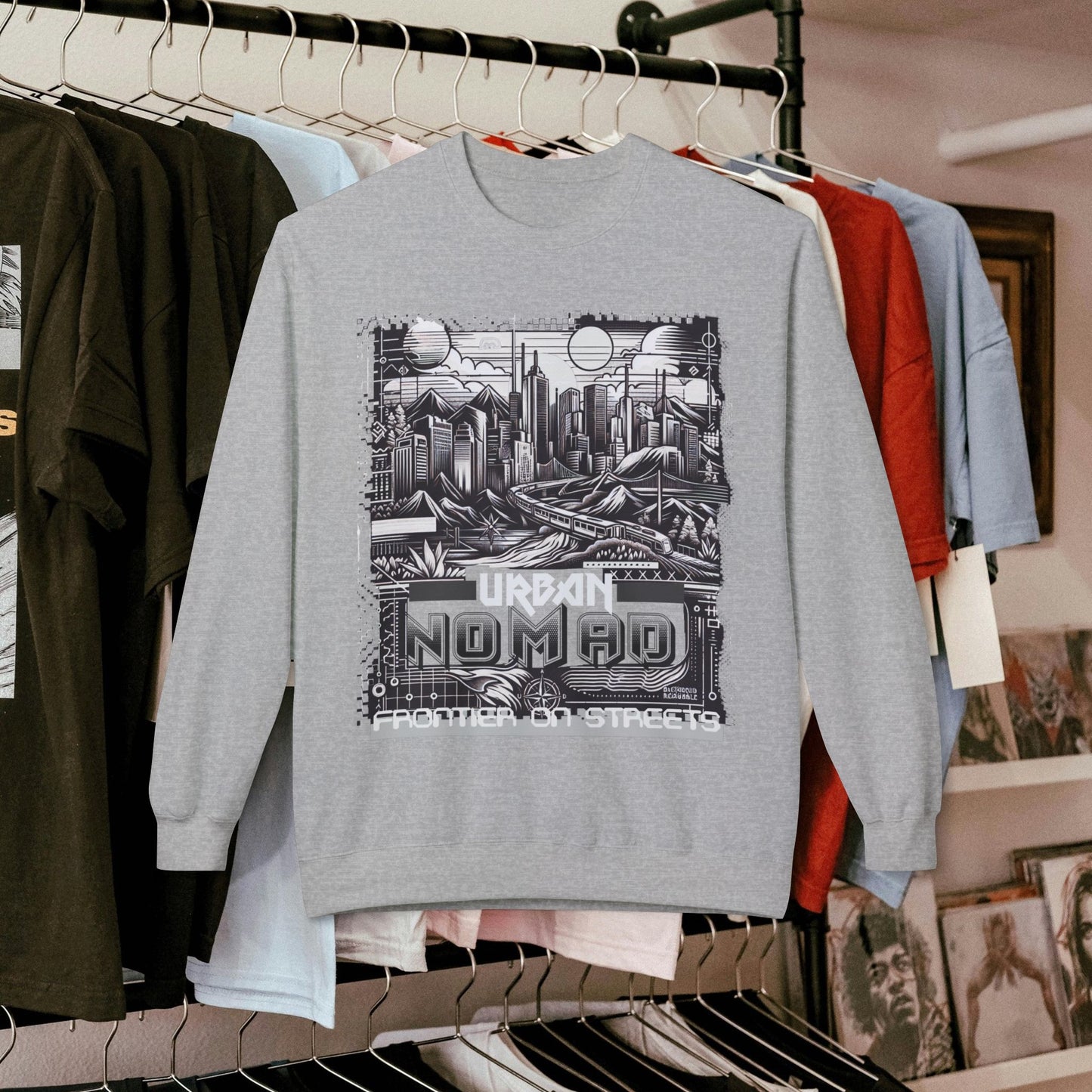 Urban Nomad Fleece Crewneck Sweatshirt_ UWD 0027_ | Cozy Streetwear Style, Perfect for Travel, Gifts, Fall & Winter Layers, Graphic Pullover