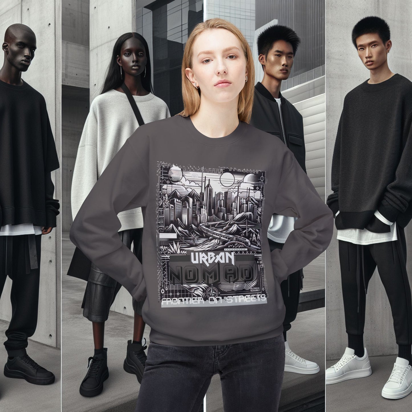Urban Nomad Fleece Crewneck Sweatshirt_ UWD 0027_ | Cozy Streetwear Style, Perfect for Travel, Gifts, Fall & Winter Layers, Graphic Pullover