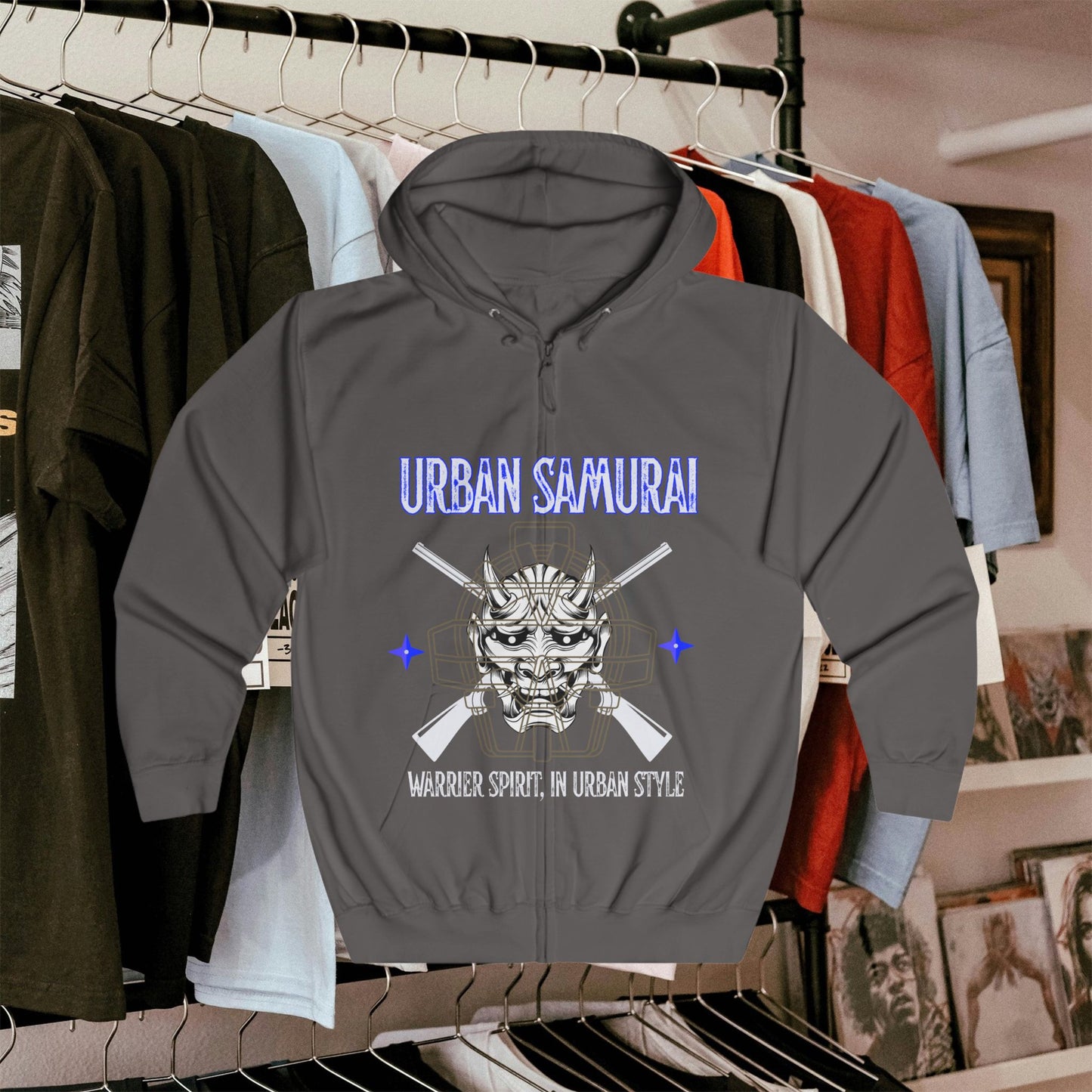 Urban Samurai Unisex Full Zip Hoodie, Graphic Hoodie, Streetwear, Gift for Him/Her, Cool Casual Wear, Comfortable Outfits, Urban Fashion