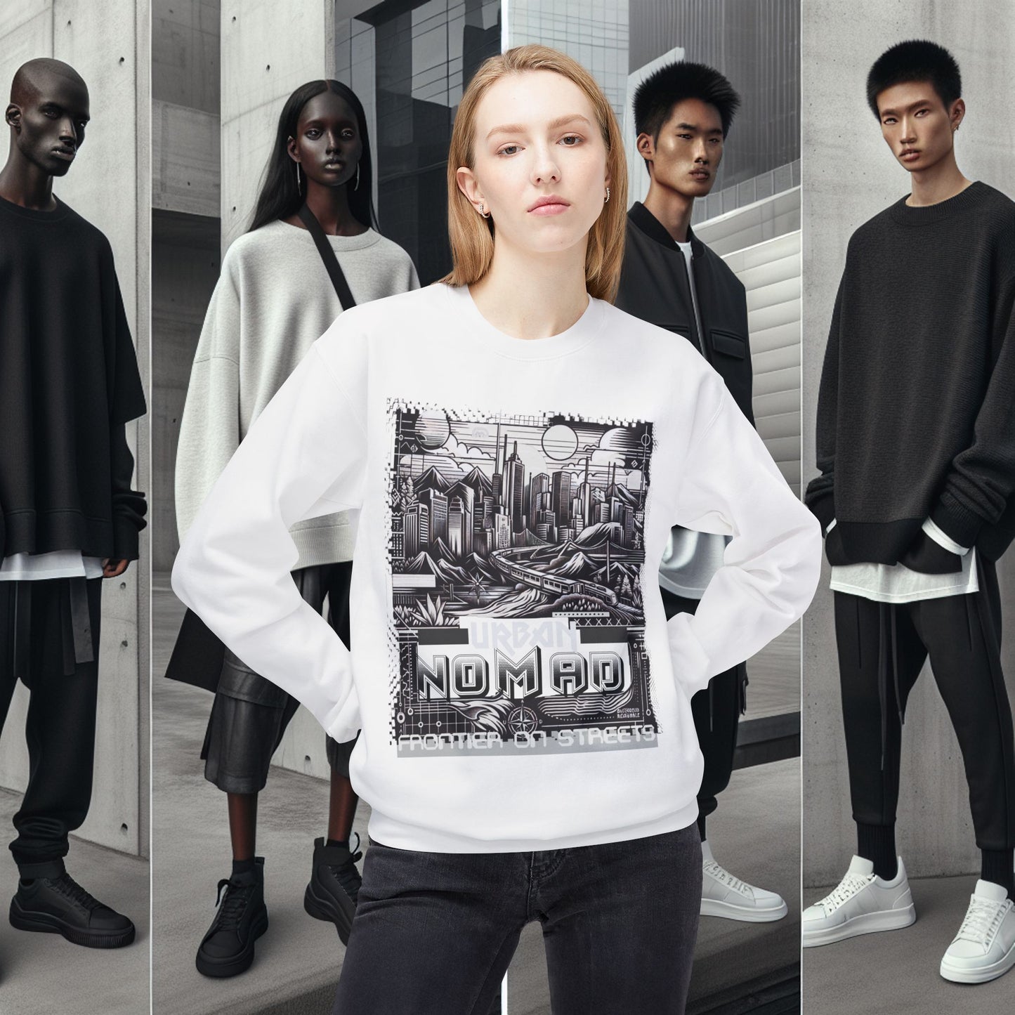 Urban Nomad Fleece Crewneck Sweatshirt_ UWD 0027_ | Cozy Streetwear Style, Perfect for Travel, Gifts, Fall & Winter Layers, Graphic Pullover