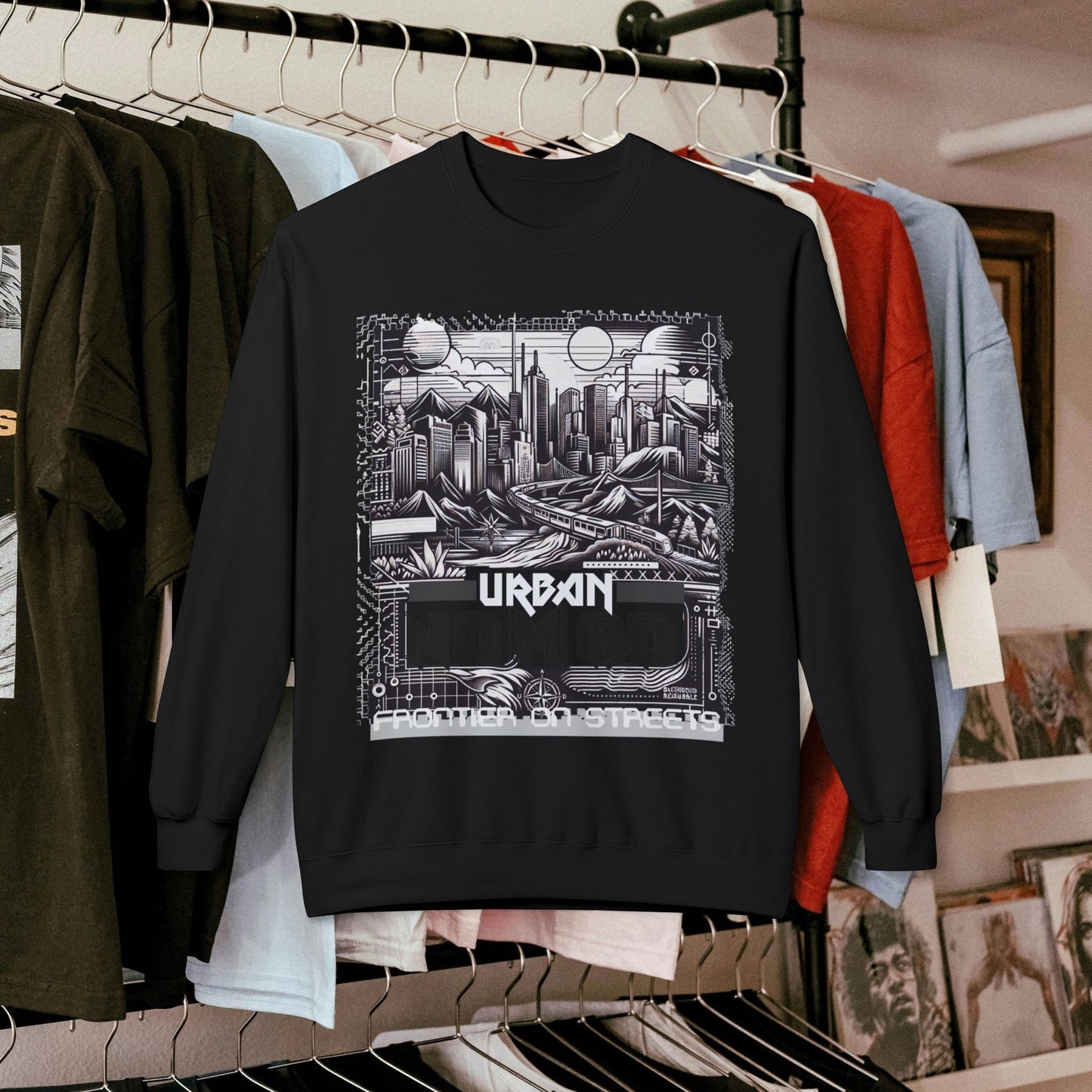 Urban Nomad Fleece Crewneck Sweatshirt_ UWD 0027_ | Cozy Streetwear Style, Perfect for Travel, Gifts, Fall & Winter Layers, Graphic Pullover