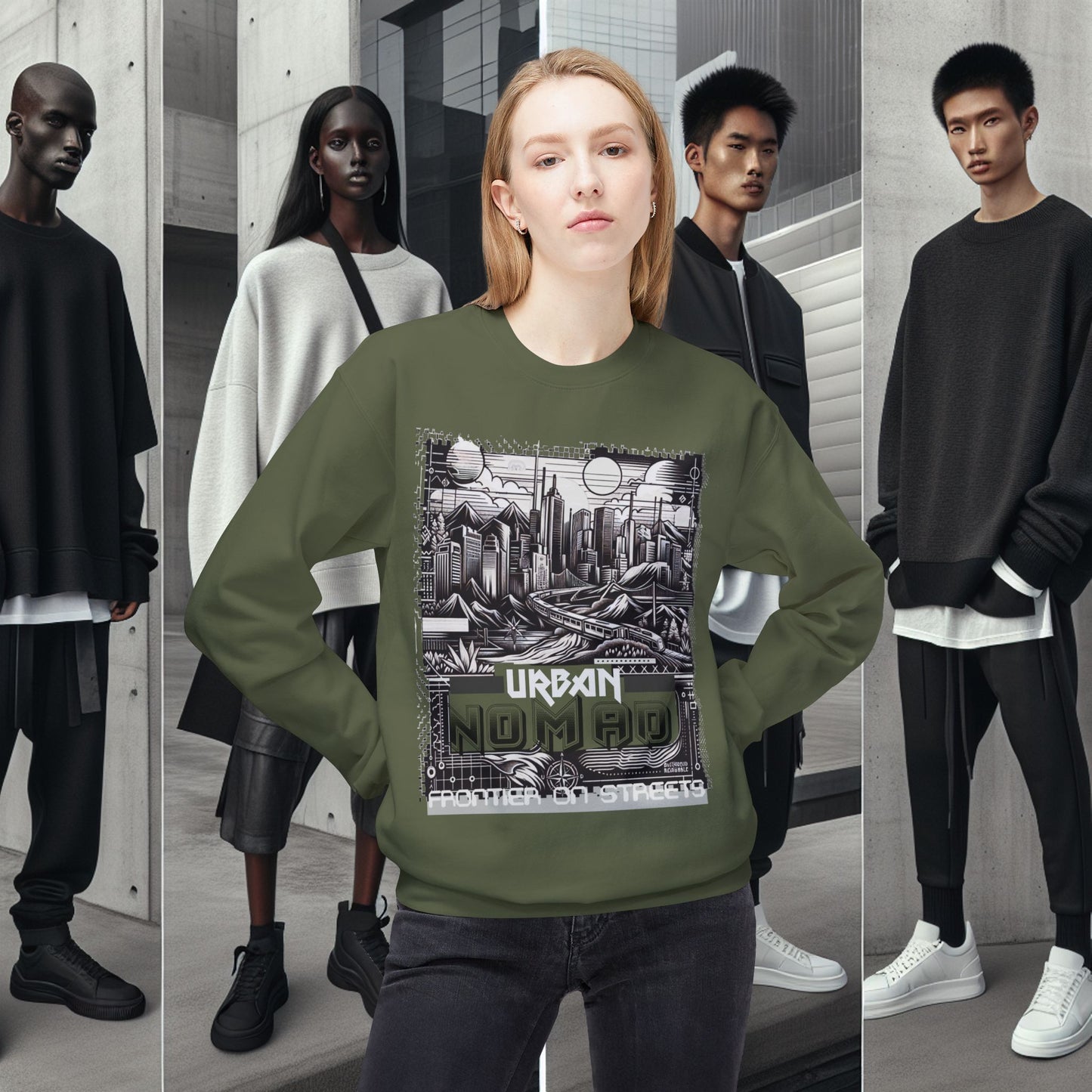 Urban Nomad Fleece Crewneck Sweatshirt_ UWD 0027_ | Cozy Streetwear Style, Perfect for Travel, Gifts, Fall & Winter Layers, Graphic Pullover