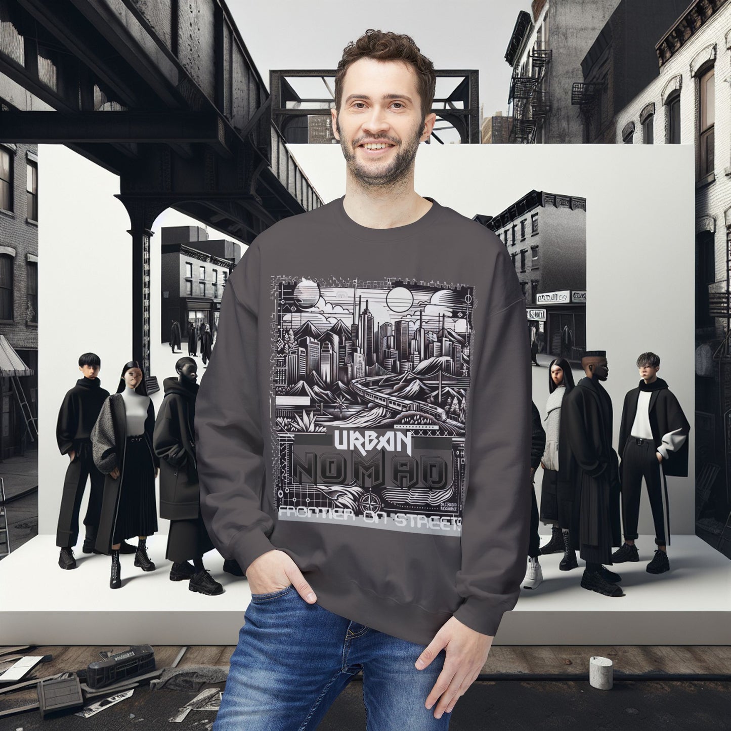 Urban Nomad Fleece Crewneck Sweatshirt_ UWD 0027_ | Cozy Streetwear Style, Perfect for Travel, Gifts, Fall & Winter Layers, Graphic Pullover