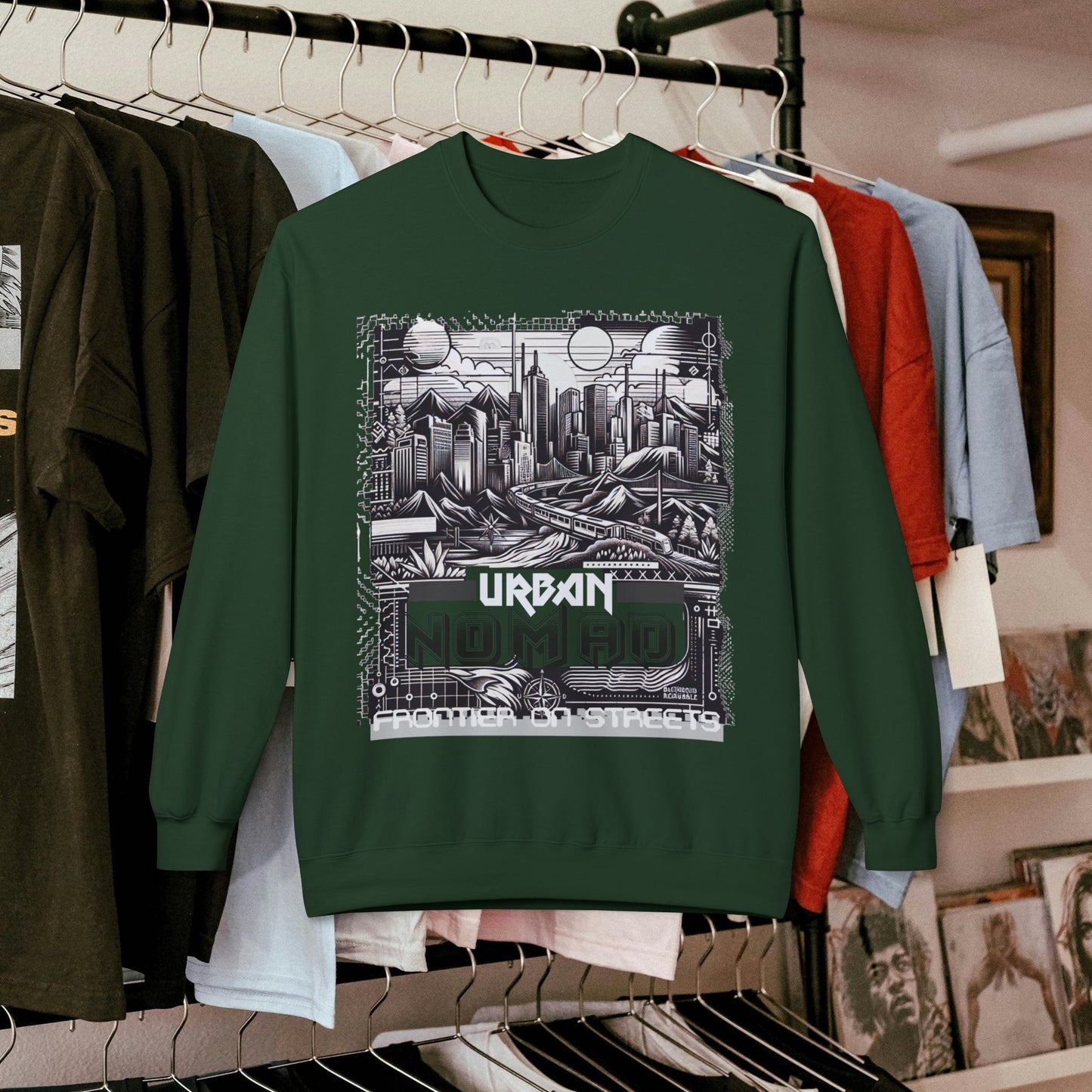 Urban Nomad Fleece Crewneck Sweatshirt_ UWD 0027_ | Cozy Streetwear Style, Perfect for Travel, Gifts, Fall & Winter Layers, Graphic Pullover