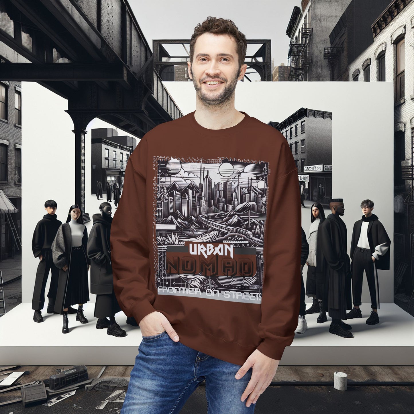Urban Nomad Fleece Crewneck Sweatshirt_ UWD 0027_ | Cozy Streetwear Style, Perfect for Travel, Gifts, Fall & Winter Layers, Graphic Pullover