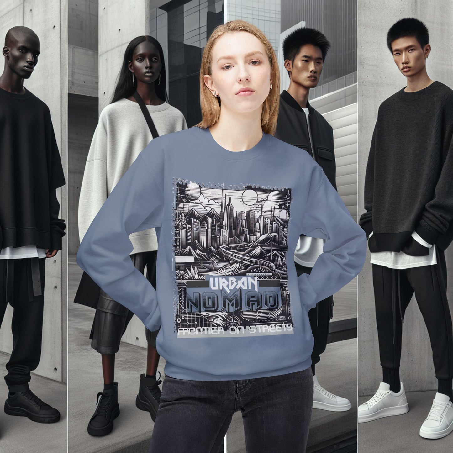 Urban Nomad Fleece Crewneck Sweatshirt_ UWD 0027_ | Cozy Streetwear Style, Perfect for Travel, Gifts, Fall & Winter Layers, Graphic Pullover