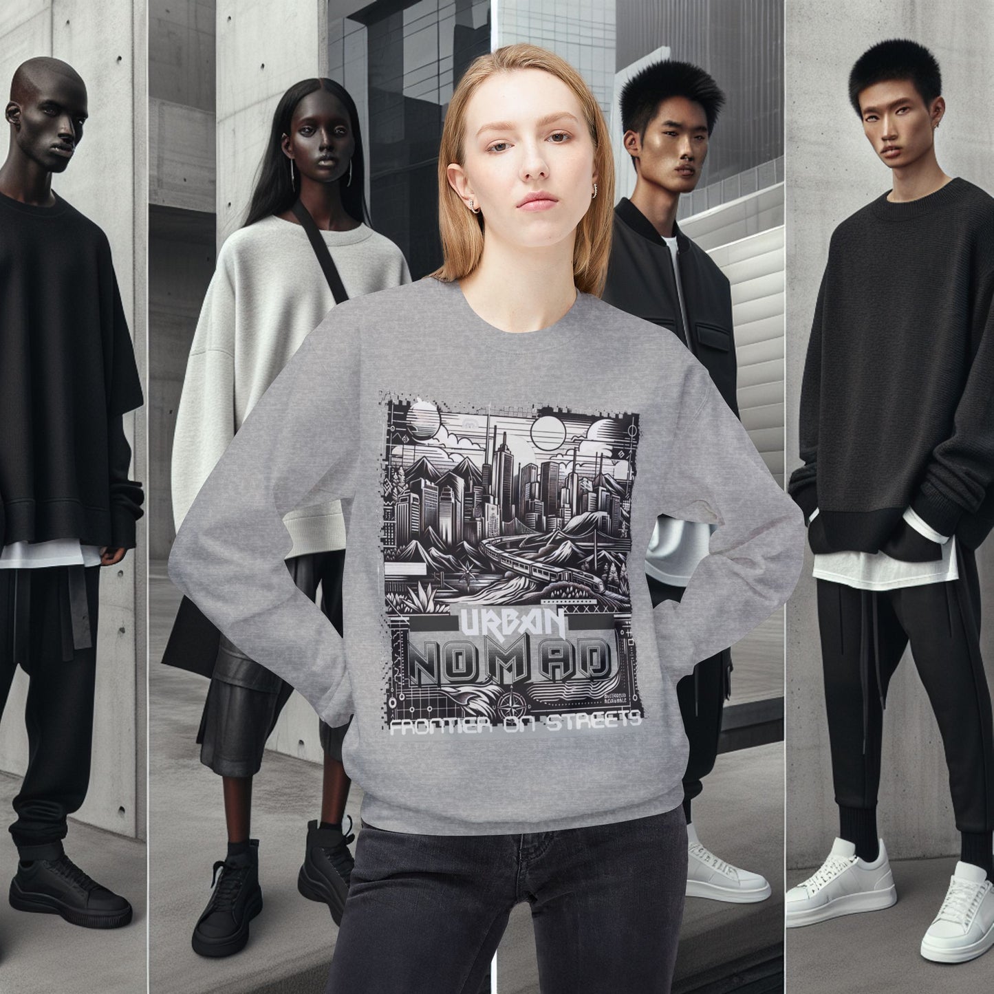 Urban Nomad Fleece Crewneck Sweatshirt_ UWD 0027_ | Cozy Streetwear Style, Perfect for Travel, Gifts, Fall & Winter Layers, Graphic Pullover