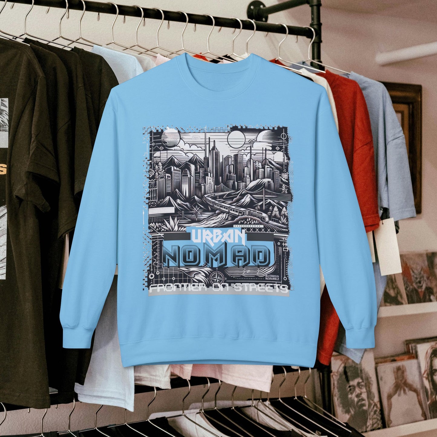 Urban Nomad Fleece Crewneck Sweatshirt_ UWD 0027_ | Cozy Streetwear Style, Perfect for Travel, Gifts, Fall & Winter Layers, Graphic Pullover