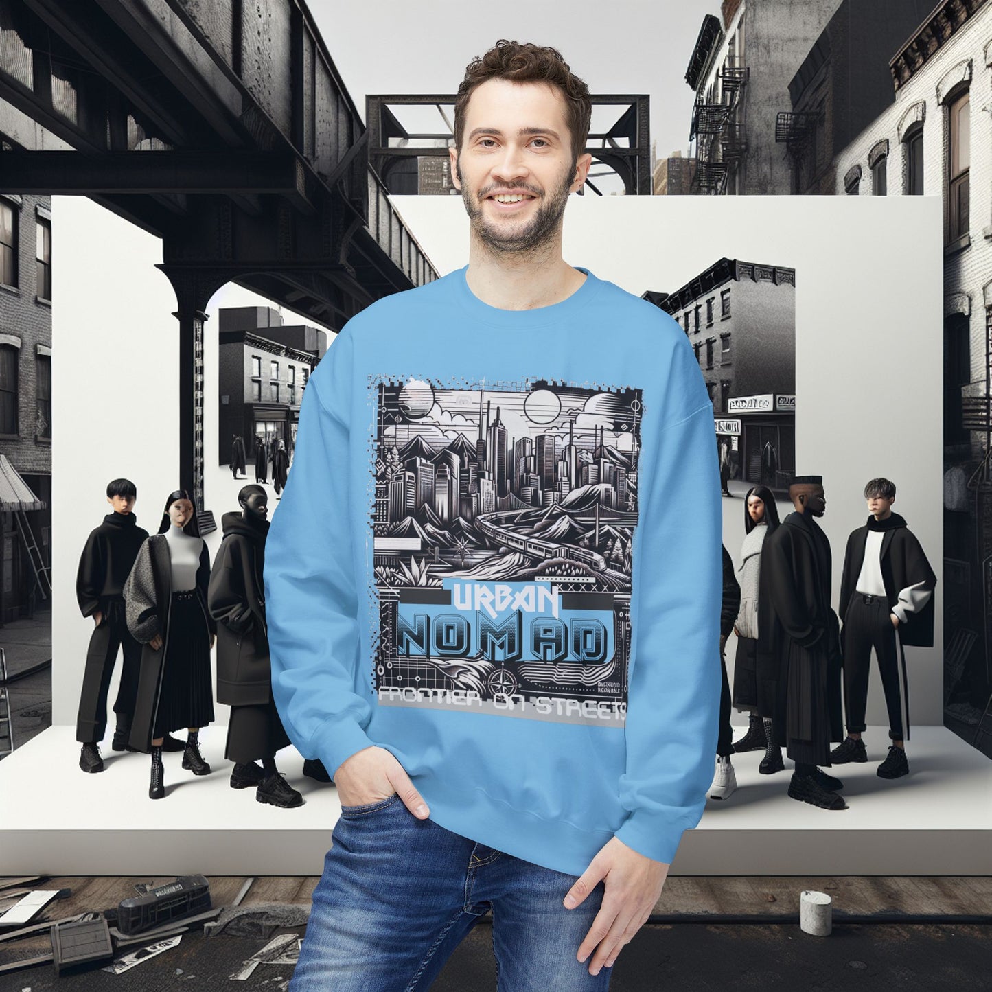 Urban Nomad Fleece Crewneck Sweatshirt_ UWD 0027_ | Cozy Streetwear Style, Perfect for Travel, Gifts, Fall & Winter Layers, Graphic Pullover