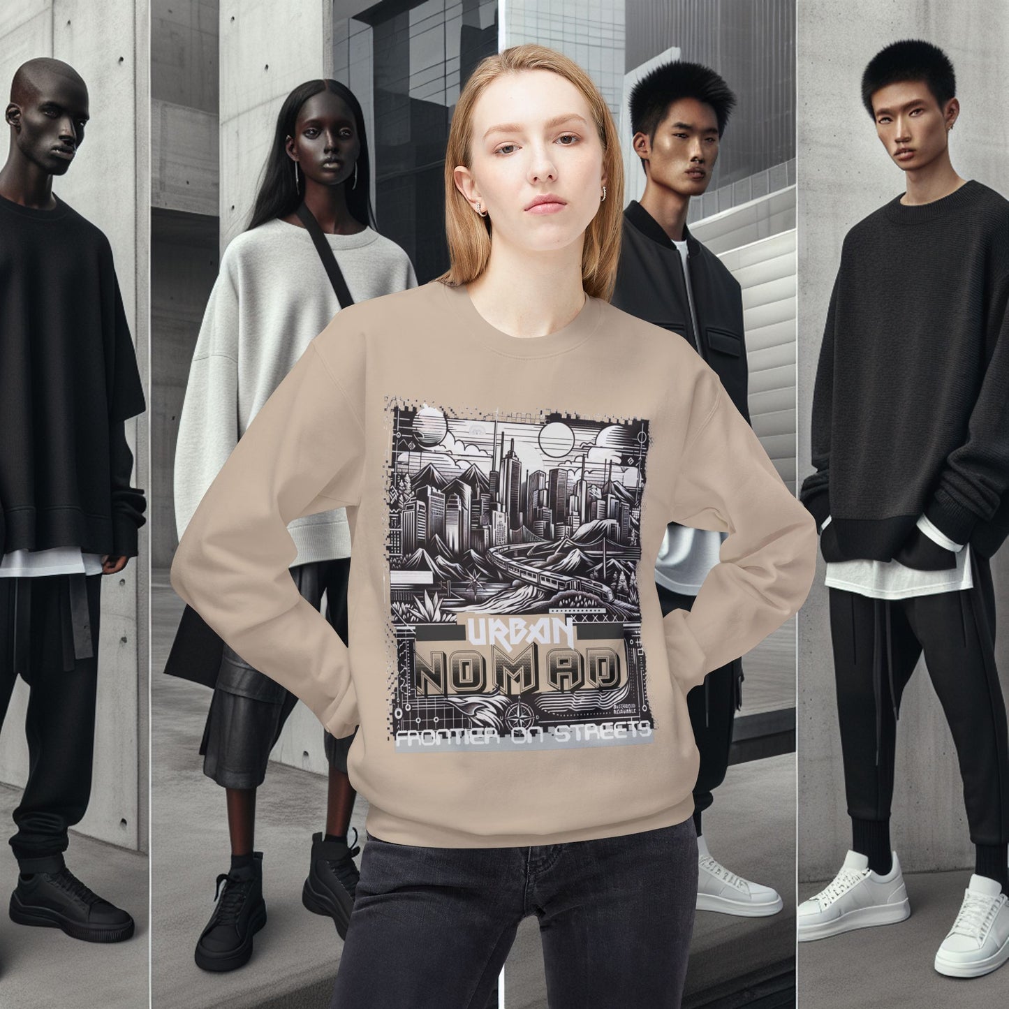 Urban Nomad Fleece Crewneck Sweatshirt_ UWD 0027_ | Cozy Streetwear Style, Perfect for Travel, Gifts, Fall & Winter Layers, Graphic Pullover