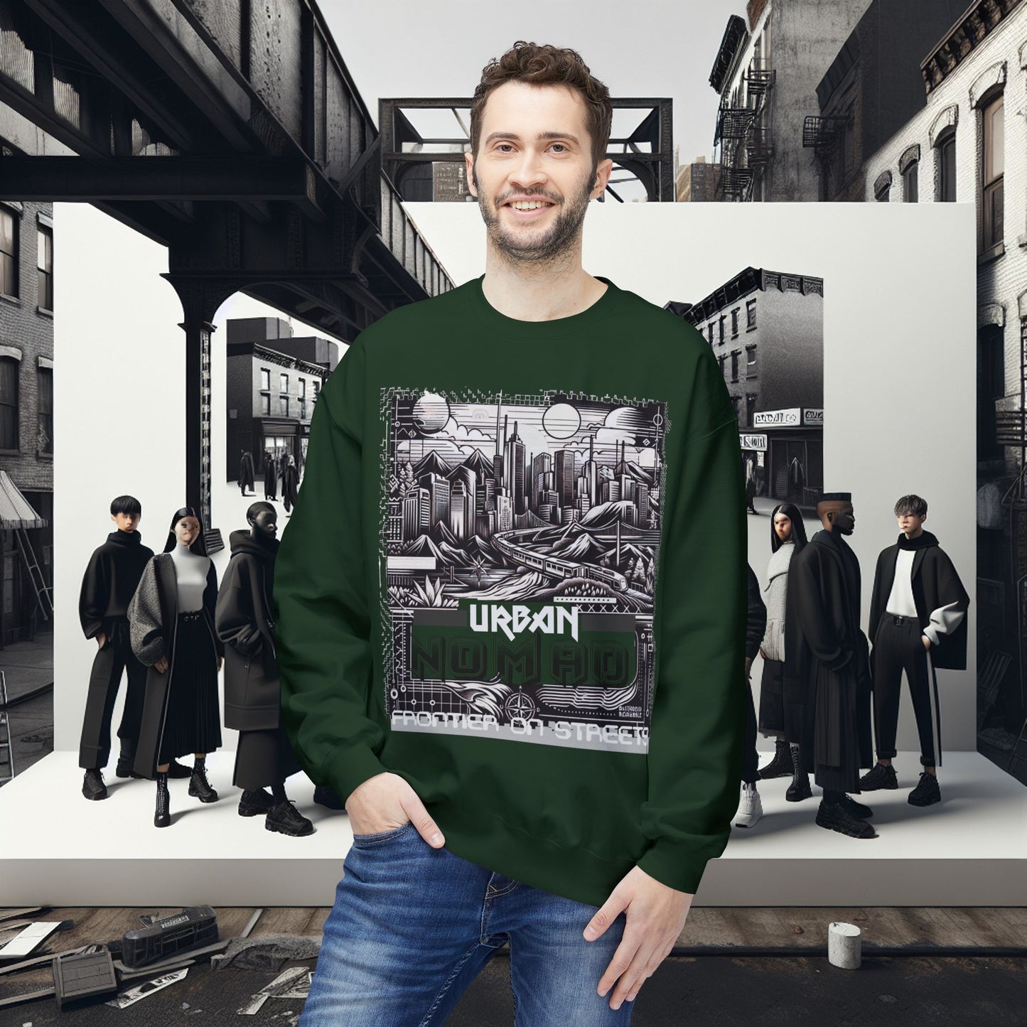 Urban Nomad Fleece Crewneck Sweatshirt_ UWD 0027_ | Cozy Streetwear Style, Perfect for Travel, Gifts, Fall & Winter Layers, Graphic Pullover