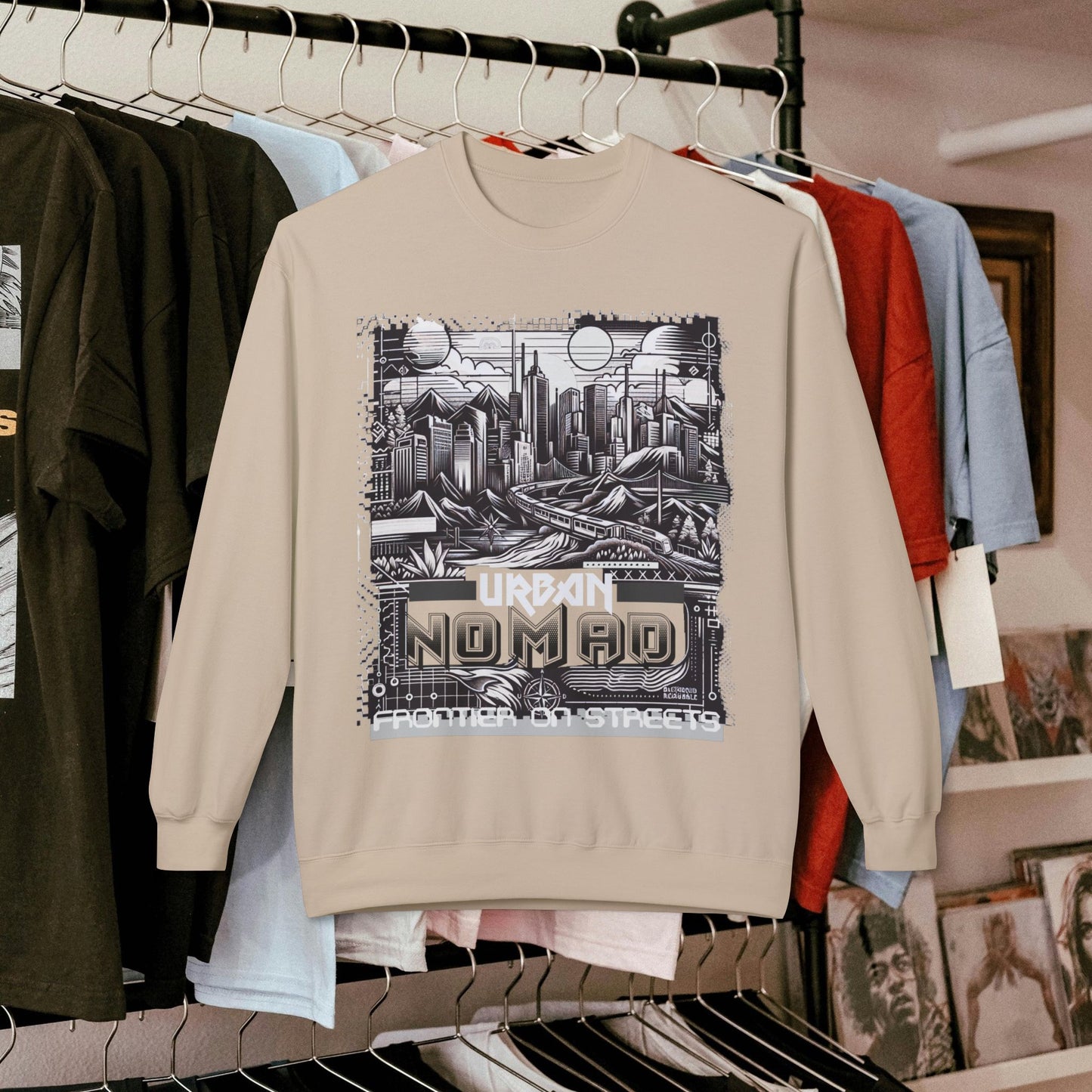 Urban Nomad Fleece Crewneck Sweatshirt_ UWD 0027_ | Cozy Streetwear Style, Perfect for Travel, Gifts, Fall & Winter Layers, Graphic Pullover