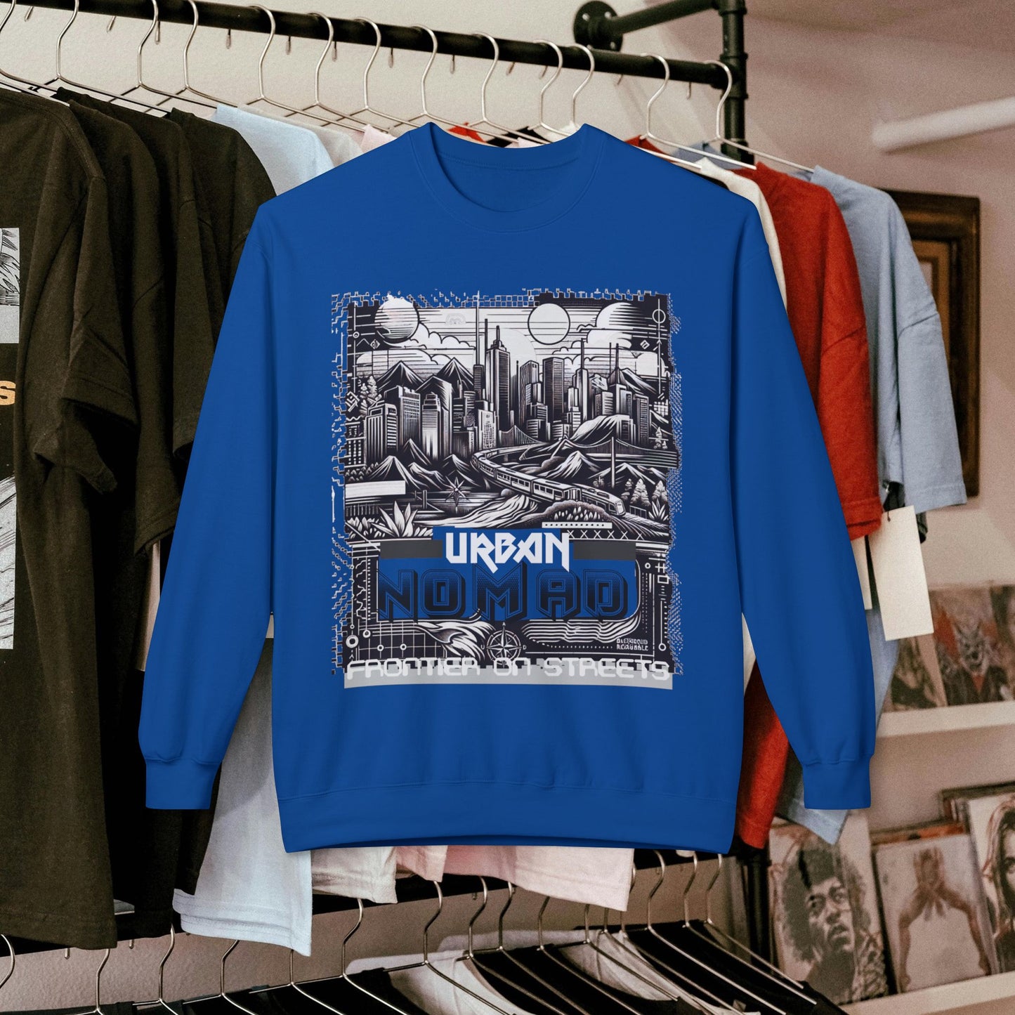 Urban Nomad Fleece Crewneck Sweatshirt_ UWD 0027_ | Cozy Streetwear Style, Perfect for Travel, Gifts, Fall & Winter Layers, Graphic Pullover