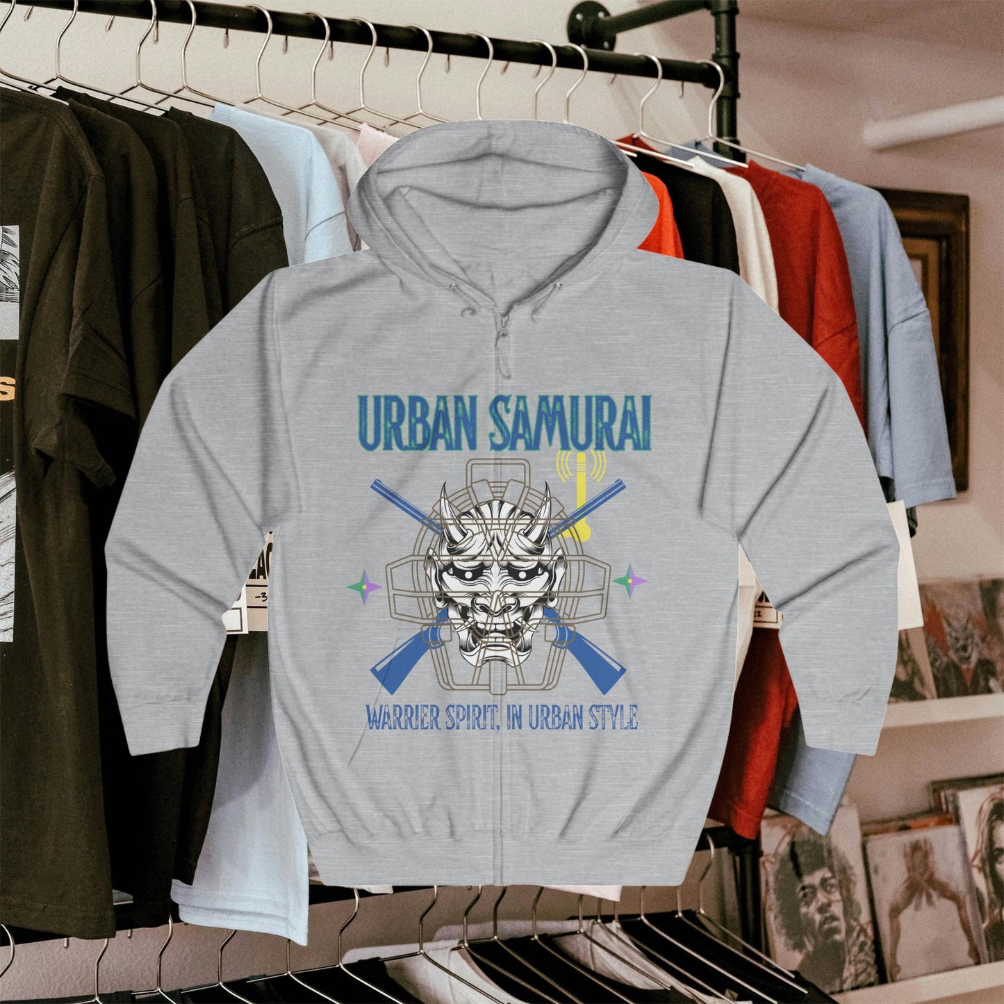 Urban Samurai Unisex Full Zip Hoodie, Graphic Hoodie, Streetwear, Gift for Him/Her, Cool Casual Wear, Comfortable Outfits, Urban Fashion