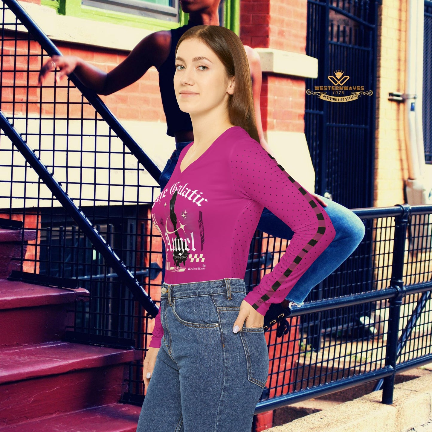 Women's Long Sleeve V-neck Shirt (AOP)_ N3+ Series WLSVNS PT2WW005_ Feminine Elegance Limited Edition by WesternWaves